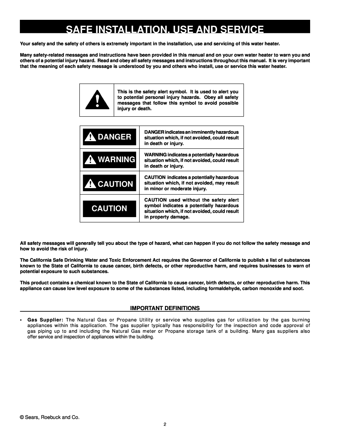 Kenmore 153.33385 owner manual Safe Installation, Use And Service, Danger, Important Definitions 