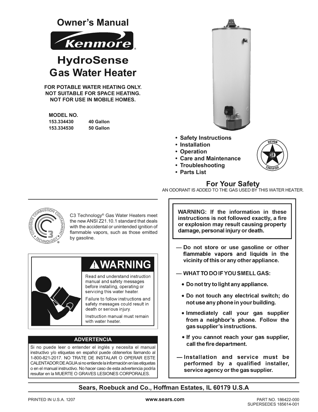 Kenmore 153.33443 owner manual HydroSense Gas Water Heater, Sears, Roebuck and Co., Hoffman Estates, IL 60179 U.S.A 