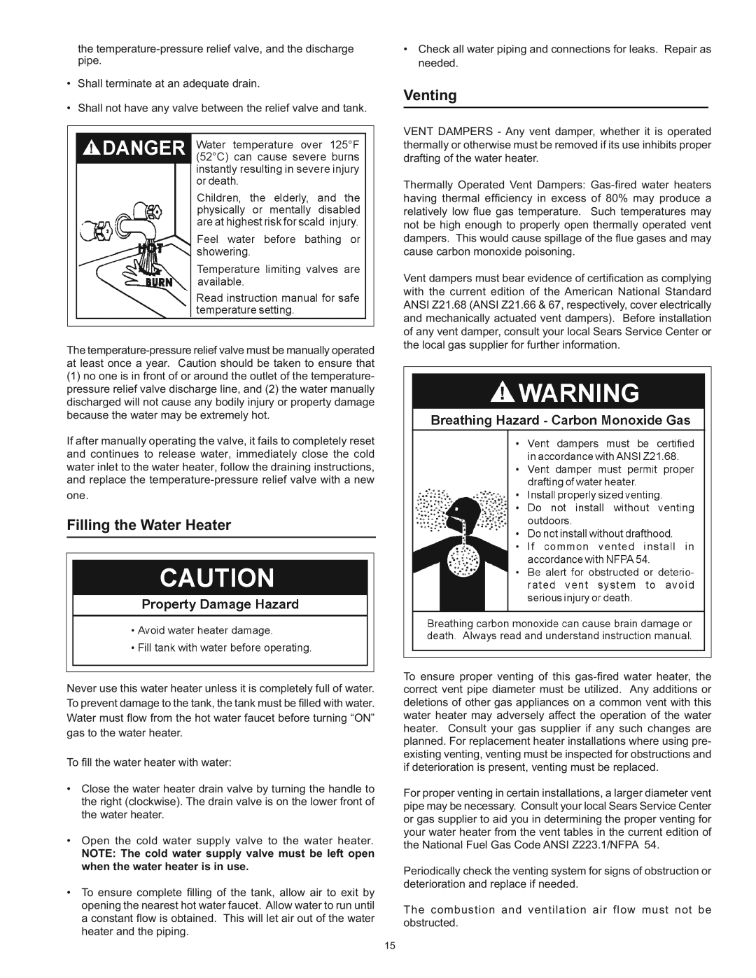 Kenmore 153.33443, 153.33453 owner manual Filling the Water Heater, Venting 