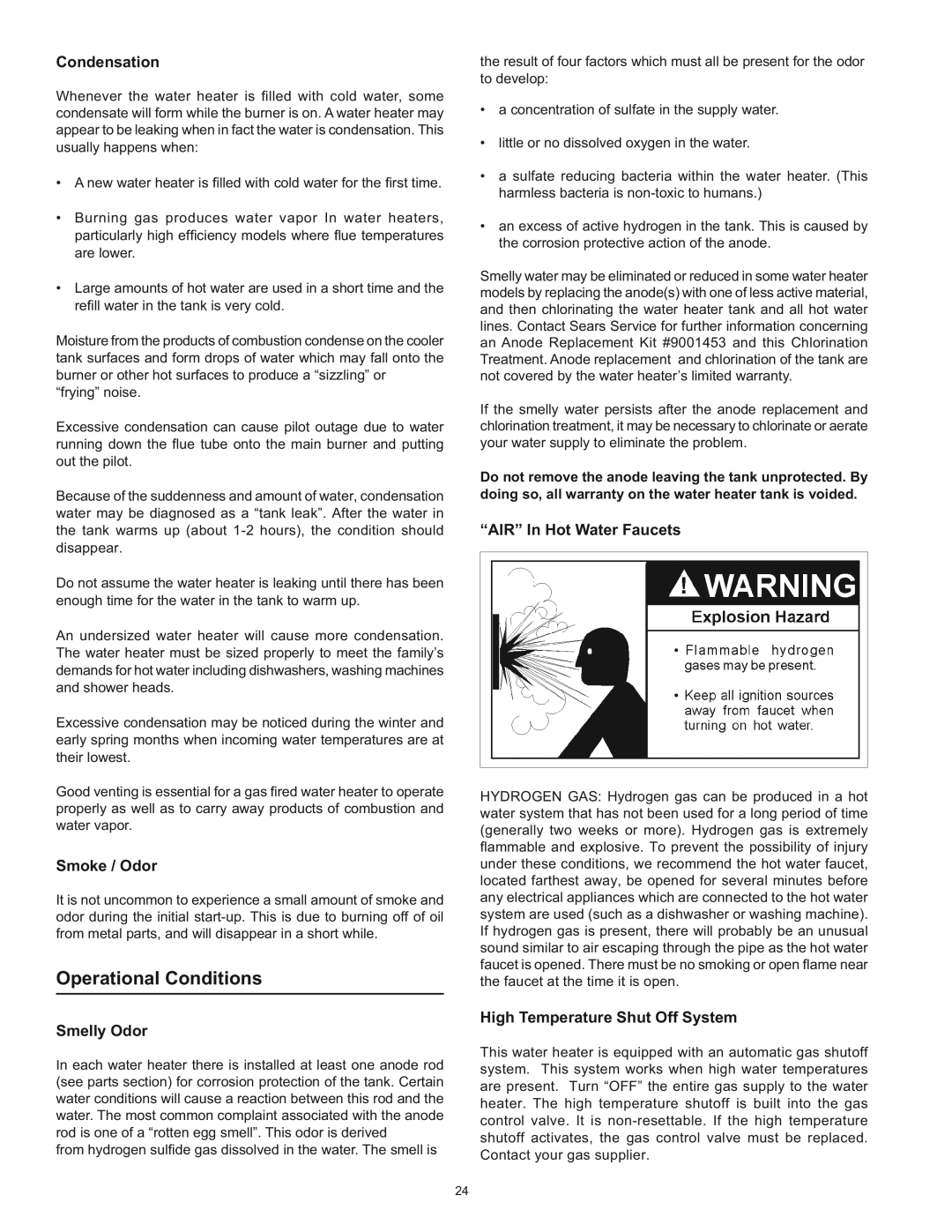 Kenmore 153.33453, 153.33443 owner manual Operational Conditions, Condensation 