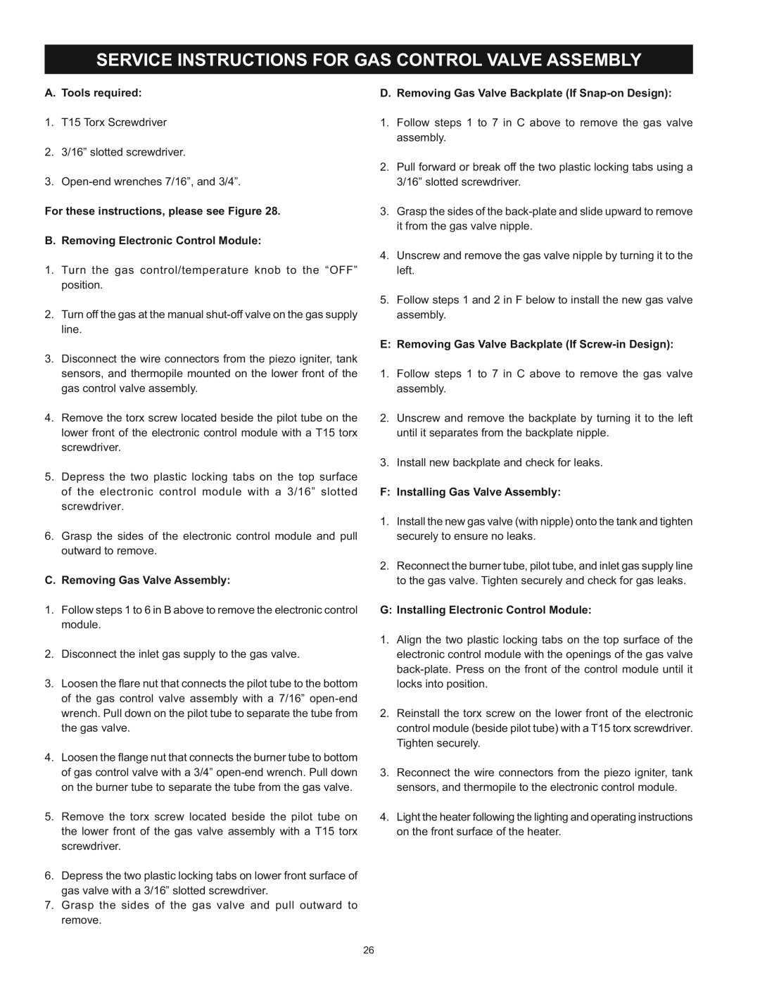 Kenmore 153.33453, 153.33443 owner manual Service Instructions for GAS Control Valve Assembly, Removing Gas Valve Assembly 