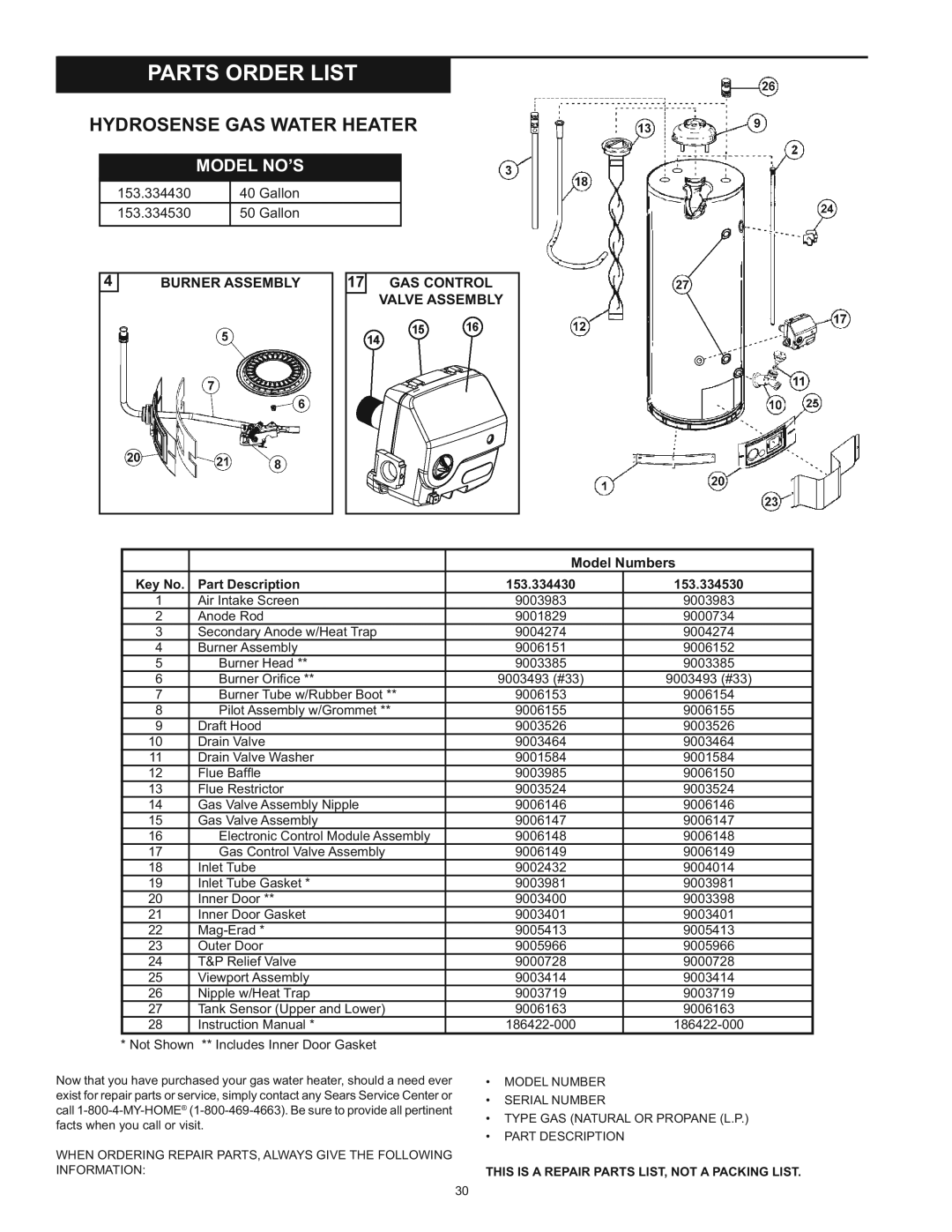 Kenmore 153.33453, 153.33443 owner manual Parts Order List, Hydrosense GAS Water Heater 