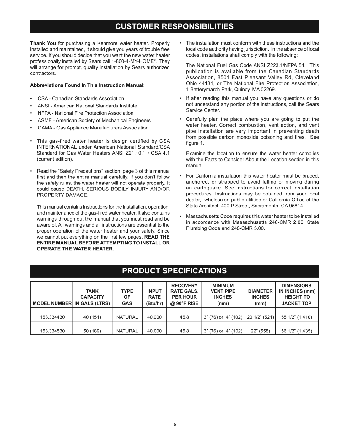 Kenmore 153.33443, 153.33453 owner manual Customer Responsibilities, Product Specifications 