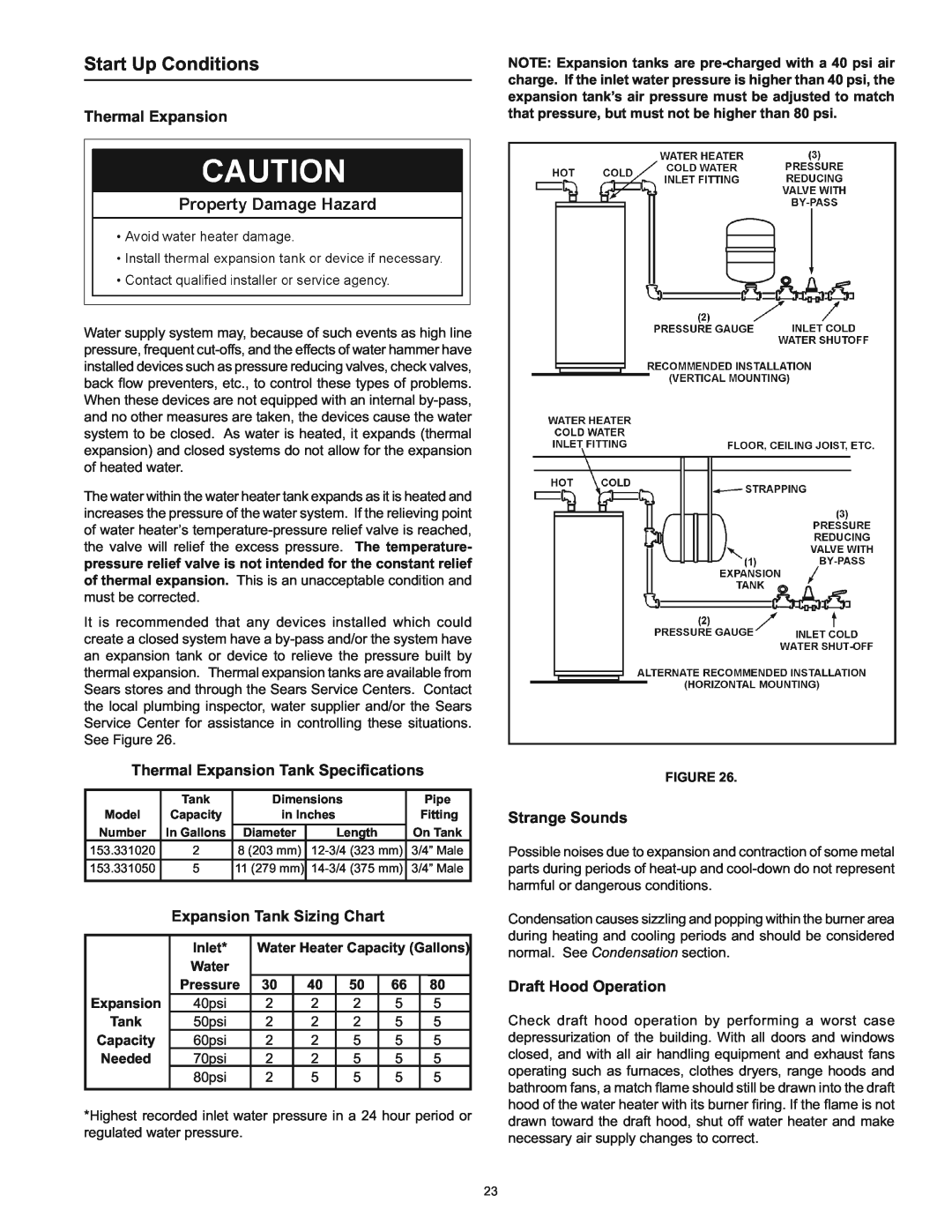 Kenmore 153.33443, 153.33453 Start Up Conditions, Thermal Expansion Tank Speciﬁcations, Expansion Tank Sizing Chart 