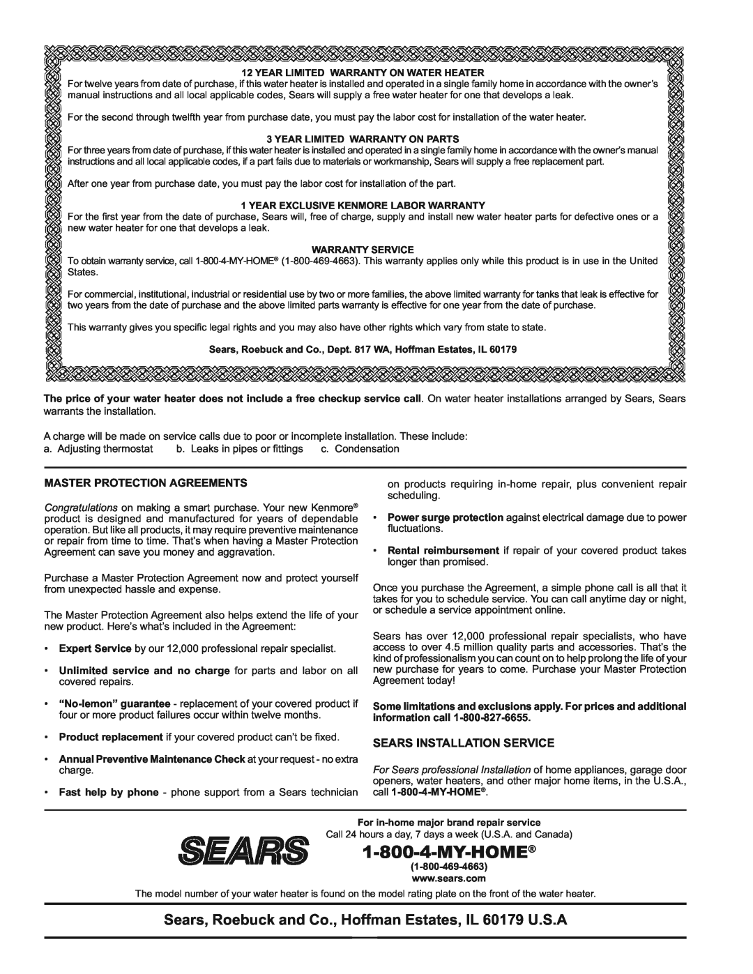Kenmore 153.33453, 153.33443 owner manual Sears Installation Service 