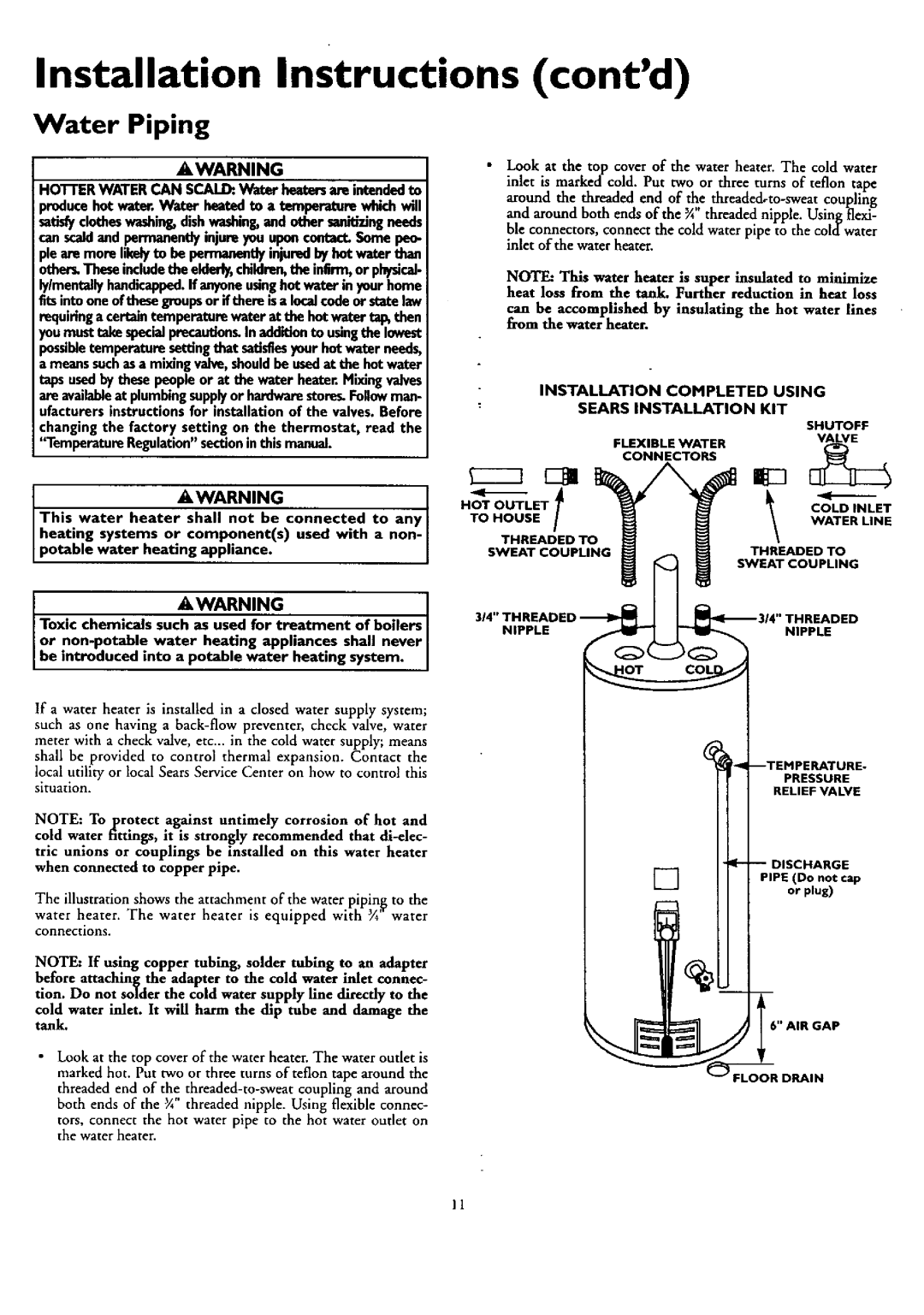 Kenmore 153.33429, 153.33459, 153.33449, 153.33439 owner manual Water Piping, Ae,Warning 