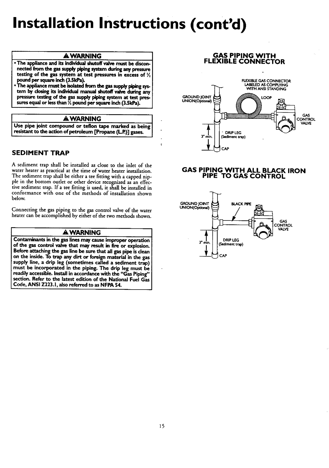 Kenmore 153.33429, 153.33459, 153.33449, 153.33439 Contd, Awarning, Sediment Trap, GAS Piping with Flexible Connector 