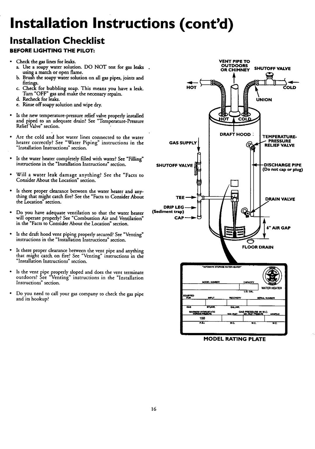 Kenmore 153.33459, 153.33449, 153.33439, 153.33429 Installation Checklist, Before Lighting the Pilot, Model Rating Plate 