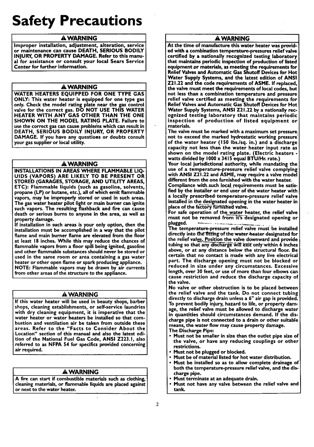 Kenmore 153.33439 Safety Precautions, Water Heaters Equipped for ONE Type GAS, DEATH, Serious Bodily INJURY, or Property 