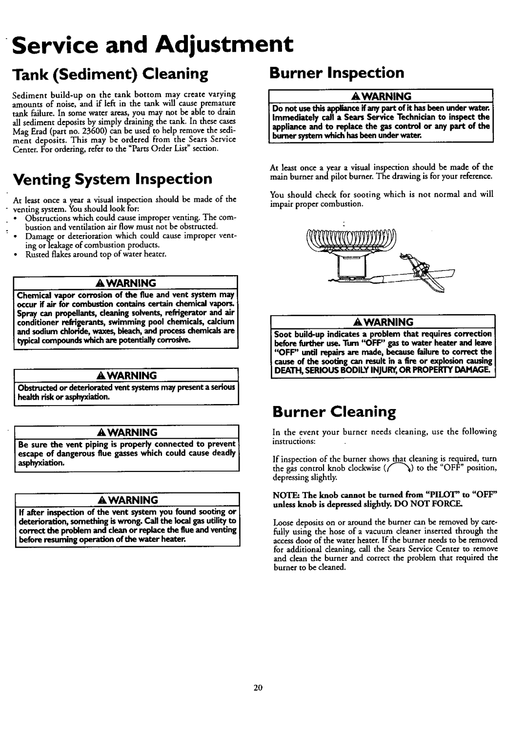 Kenmore 153.33459, 153.33449 Service and Adjustment, Burner Inspection, Tank Sediment Cleaning, Venting System Inspection 