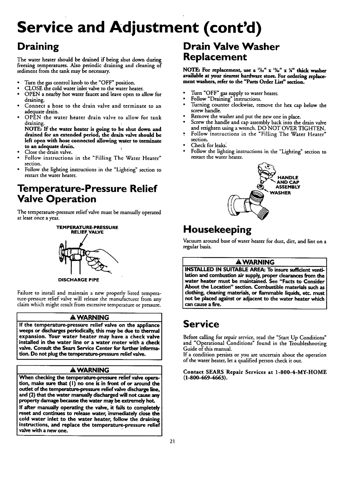 Kenmore 153.33449, 153.33459 Service and Adjustment contd, Temperature-Pressure Relief, Drain Valve Washer Replacement 