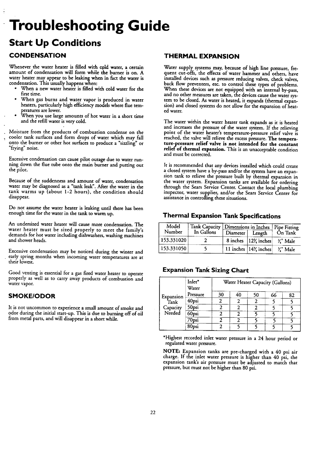 Kenmore 153.33439, 153.33459 Troubleshooting Guide, Start Up Conditions, Condensation, Thermal Expansion, Smokeiodor 