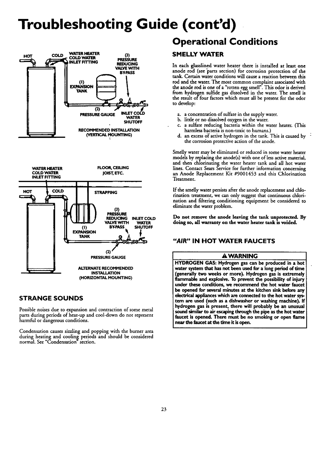 Kenmore 153.33429, 153.33459, 153.33449 Troubleshooting Guide contd, Strange Sounds, AIR in HOT Water Faucets, Smelly Water 