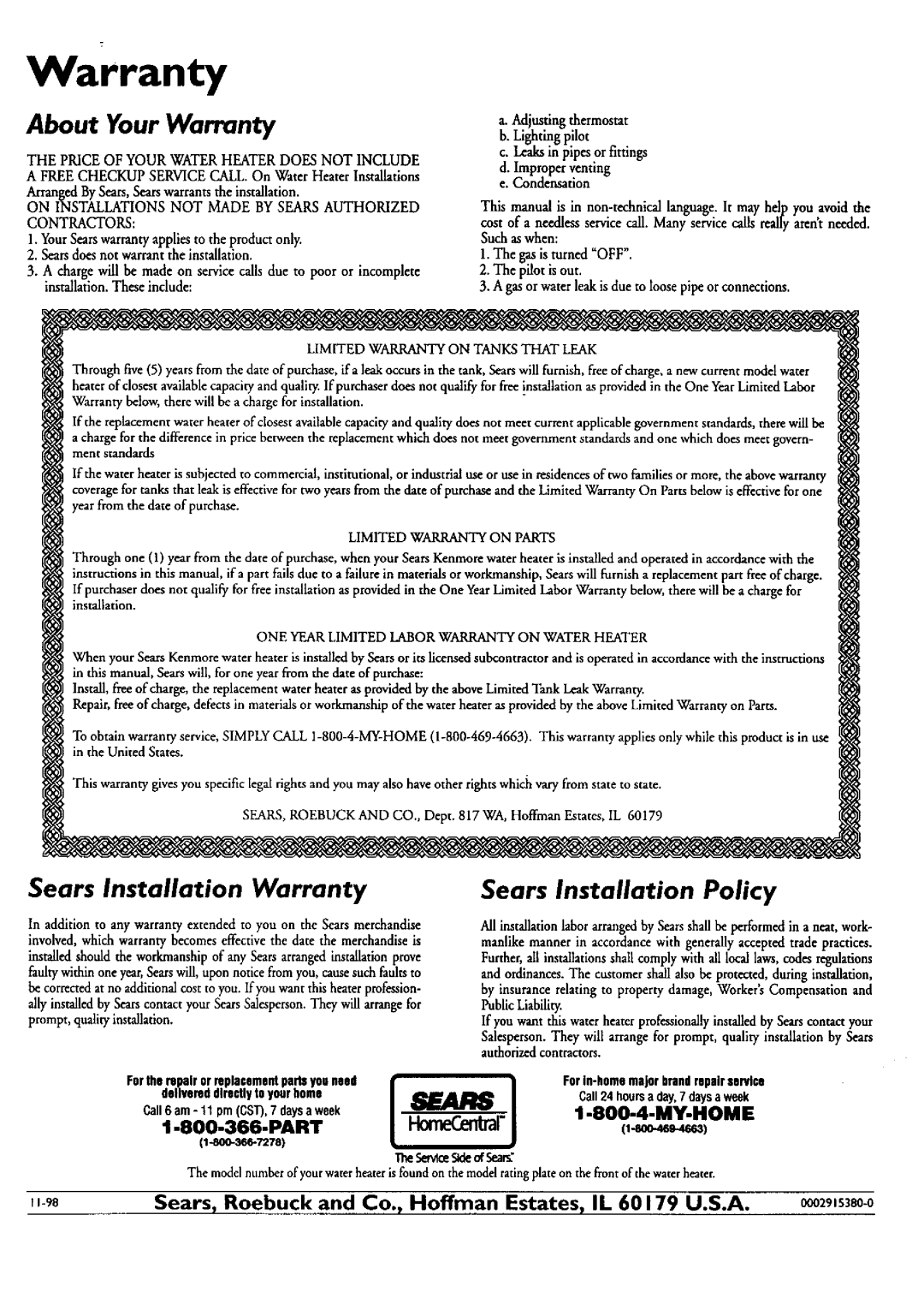 Kenmore 153.33459, 153.33449, 153.33439, 153.33429 owner manual Warranty, 8OO-4.MY-HOME, Lightingpilot 