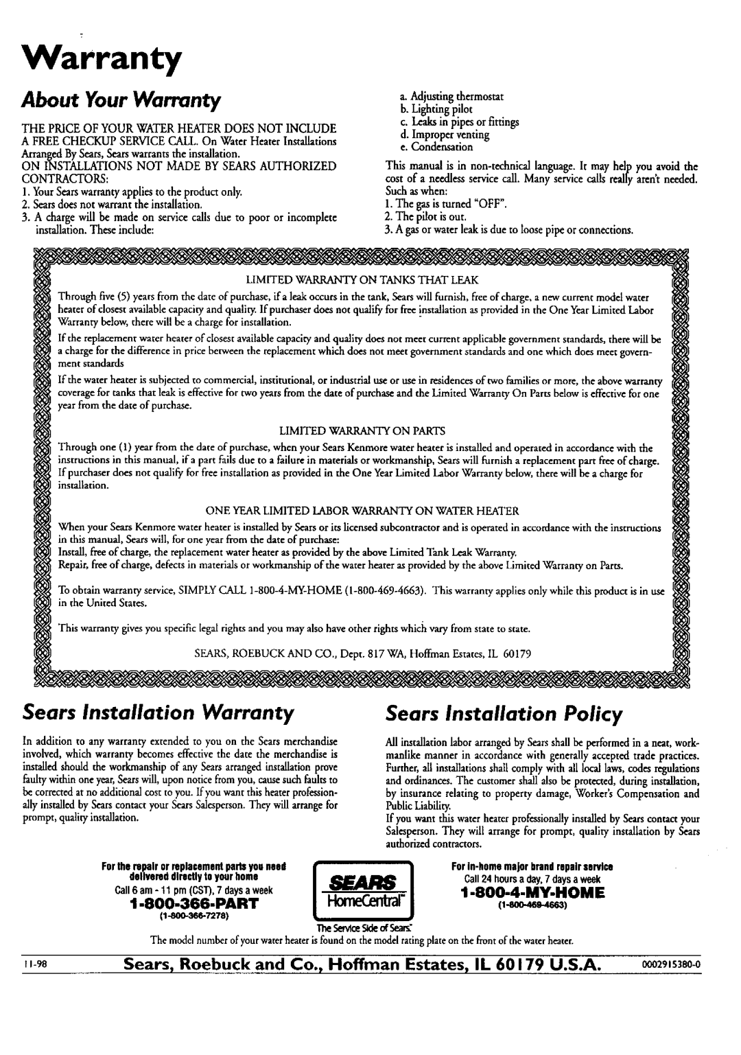 Kenmore 153.33459 warranty, r,98, 029,s3, About Your Warranty, Sears Installation Warranty, Sears Installation Policy 