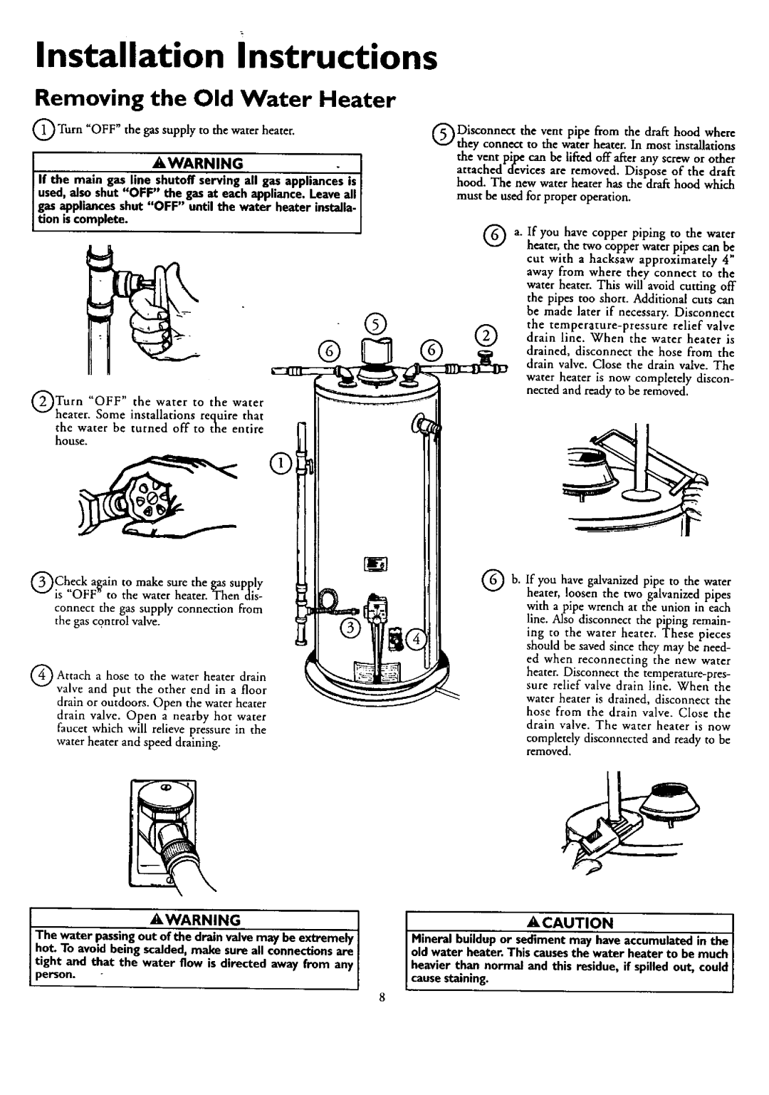 Kenmore 153.33459, 153.33449, 153.33439, 153.33429 Installation Instructions, Removing the Old Water Heater, Acaution 
