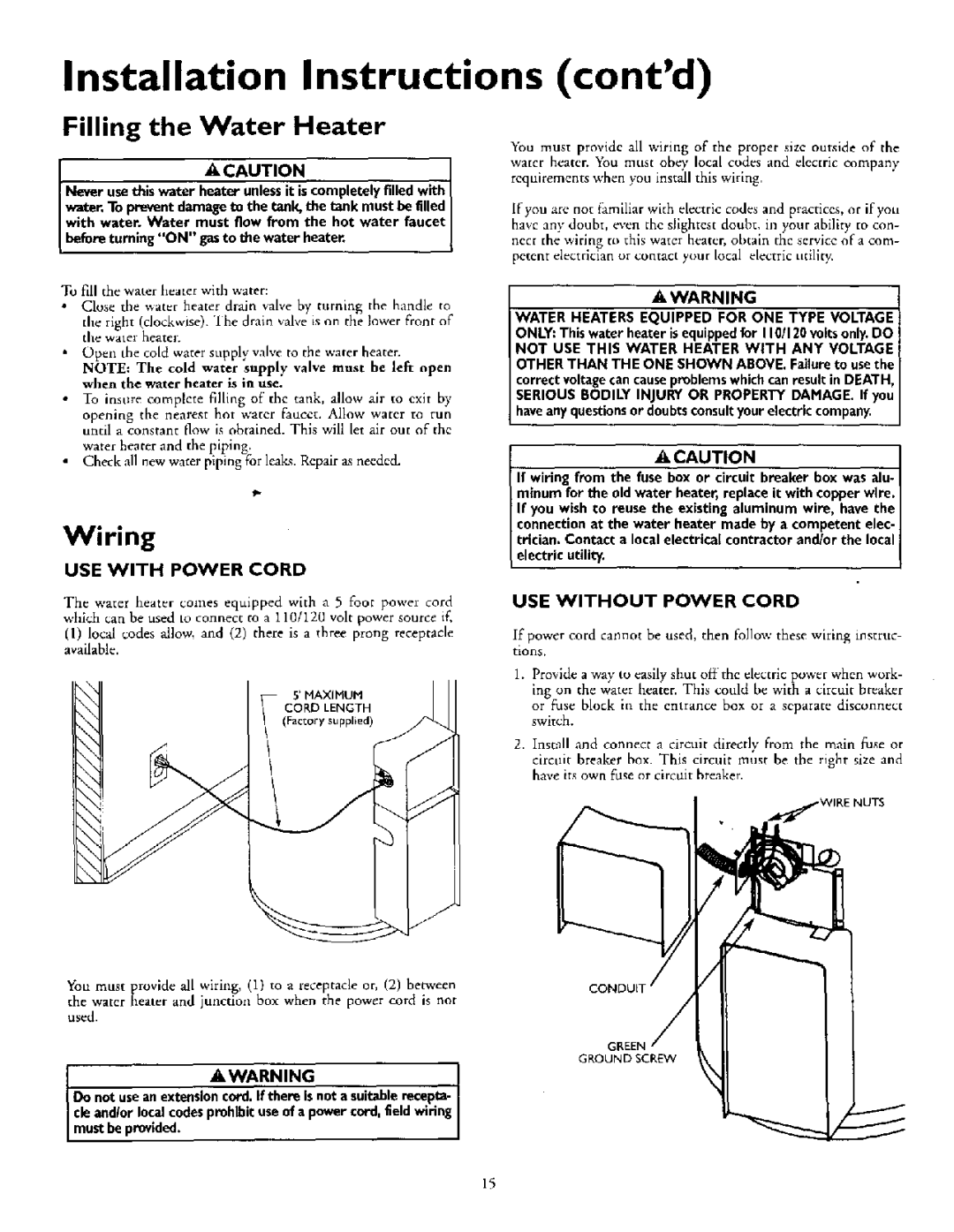 Kenmore 153.335963, 153.335863, 153.335846 Filling the Water Heater, Wiring, USE with Power Cord, USE Without Power Cord 