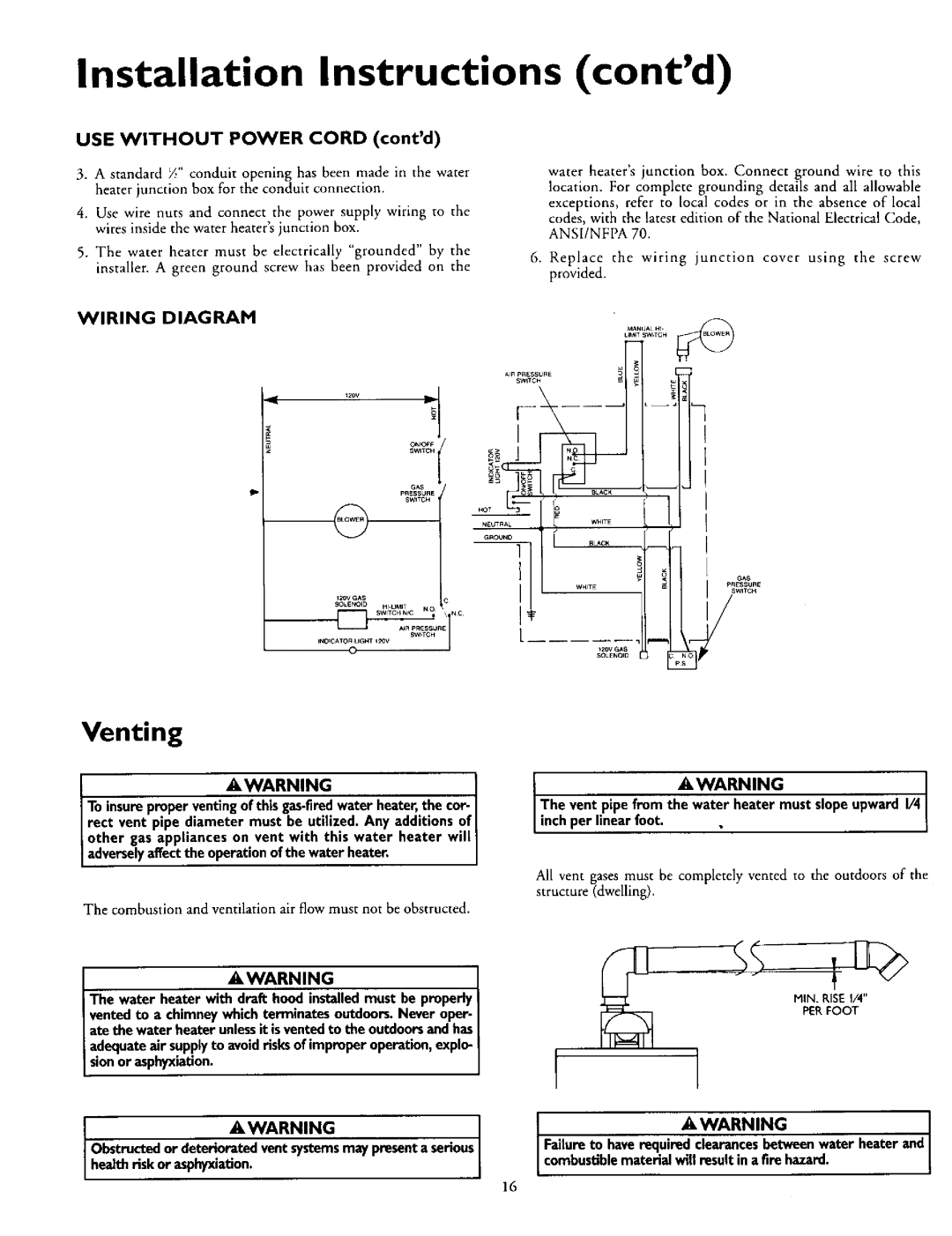 Kenmore 153.335863, 153.335846, 153.335943, 153.335963 owner manual Installation Instructions contd, Venting, Wiring Diagram 