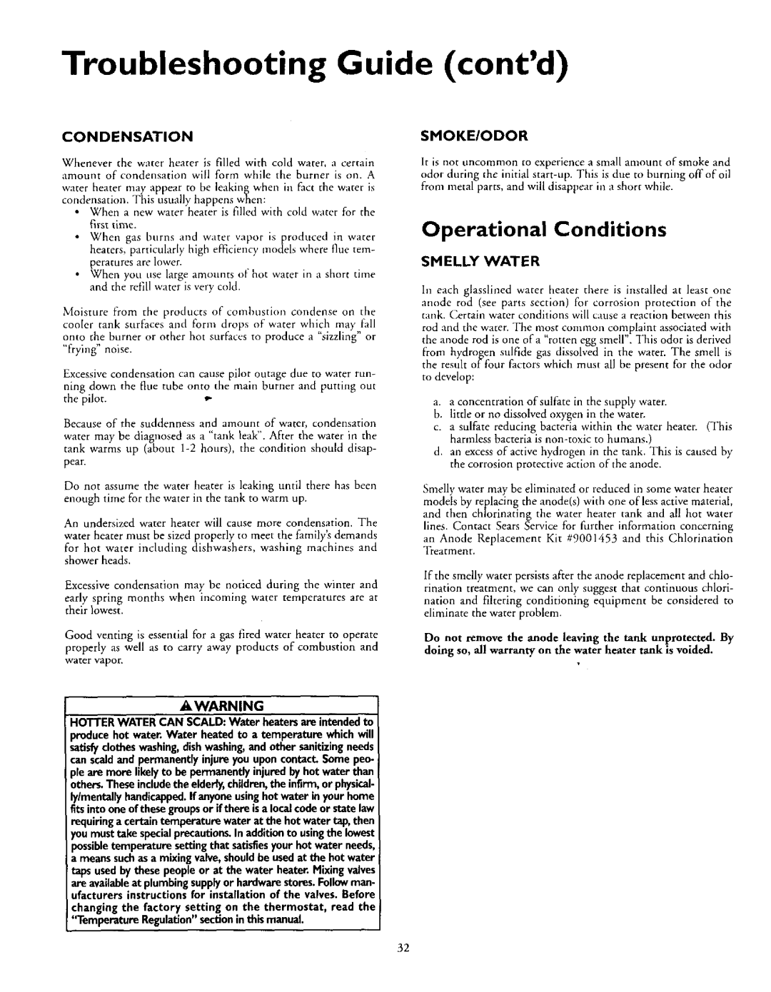 Kenmore 153.335863, 153.335846 Troubleshooting Guide contd, Operational Conditions, Condensation, Smoke/Odor, Smelly Water 