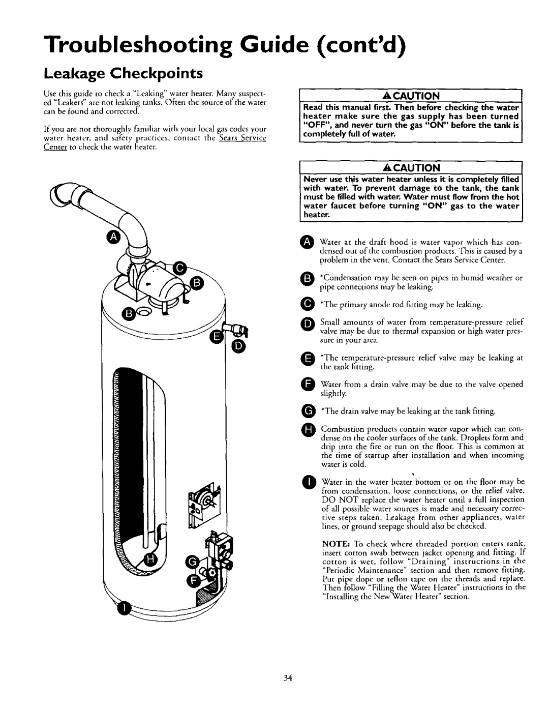 Kenmore 153.335943, 153.335863, 153.335846, 153.335963 owner manual Leakage Checkpoints, Acautioni 