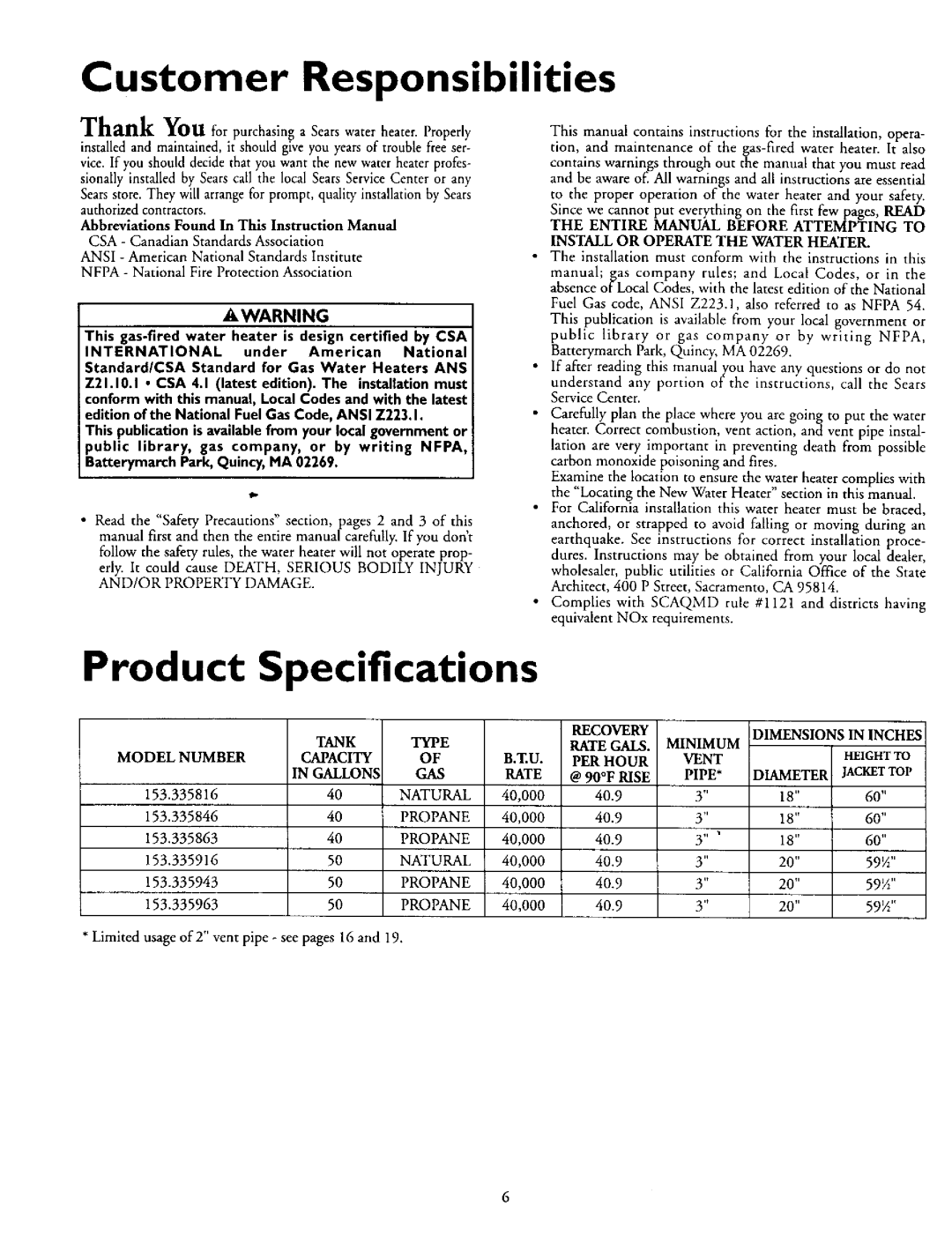 Kenmore 153.335943, 153.335863, 153.335846, 153.335963 Customer Responsibilities, Install or Operate the Water Heater 