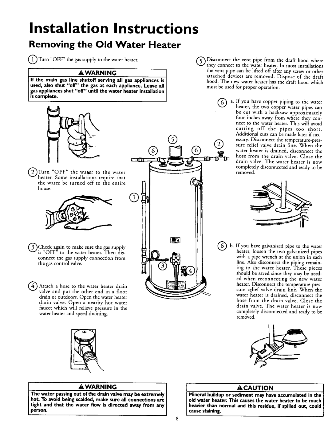 Kenmore 153.335863, 153.335846, 153.335943 Installation Instructions, Removing the Old Water Heater, Water passingouve 