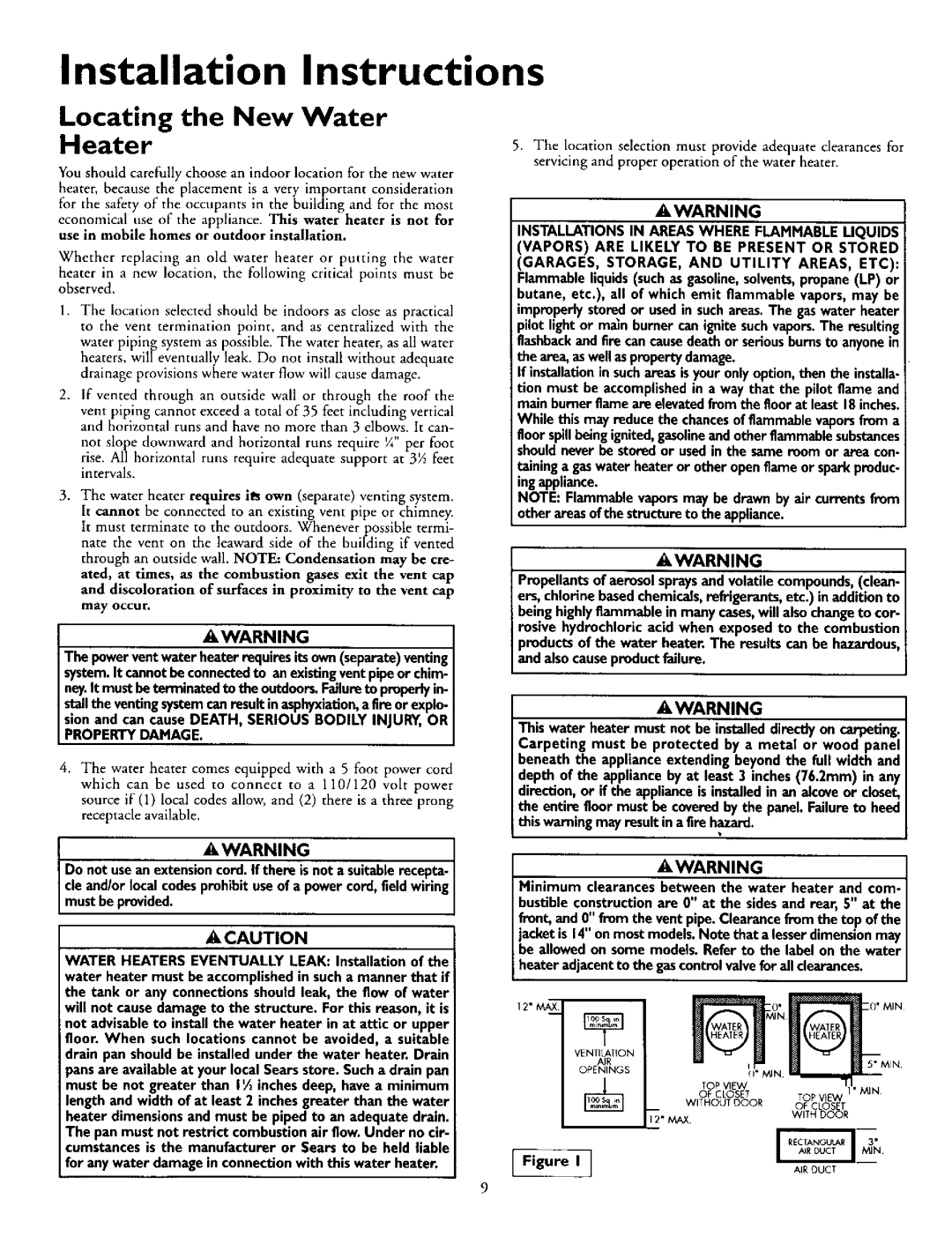 Kenmore 153.335846, 153.335863 Locating the New Water Heater, While this may reduce the chancesof flammablevaporsfrom a 