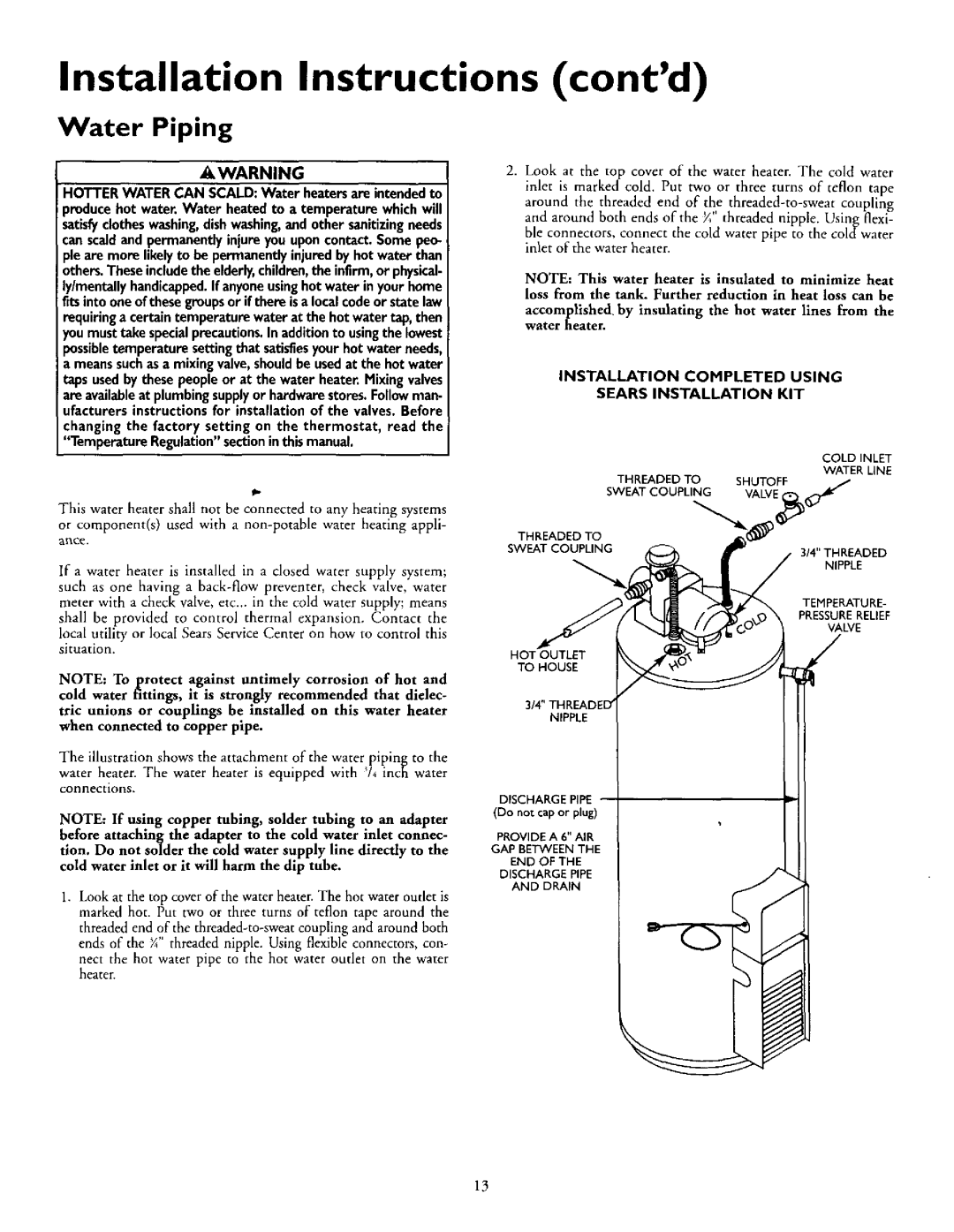 Kenmore 153.335846 Water Piping, Installation Instructions contd, Awarning, Temperature Regulationsectioninthismanual 