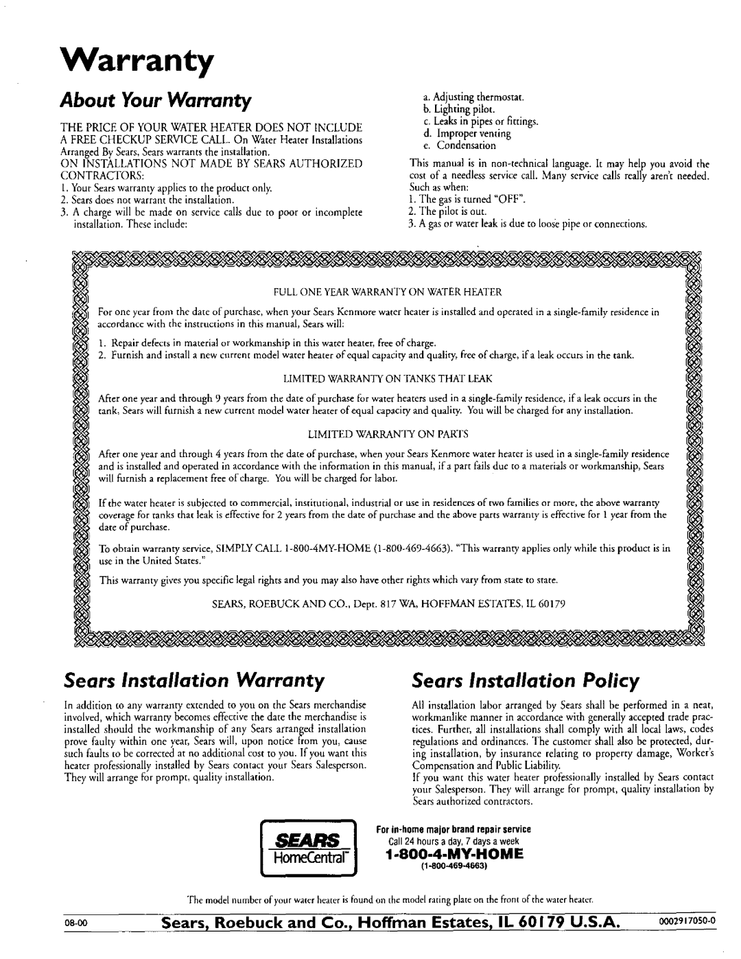 Kenmore 153.335863 About Your Warranty, Sears Installation Warranty, Sears Installation Policy, HomeCentral 