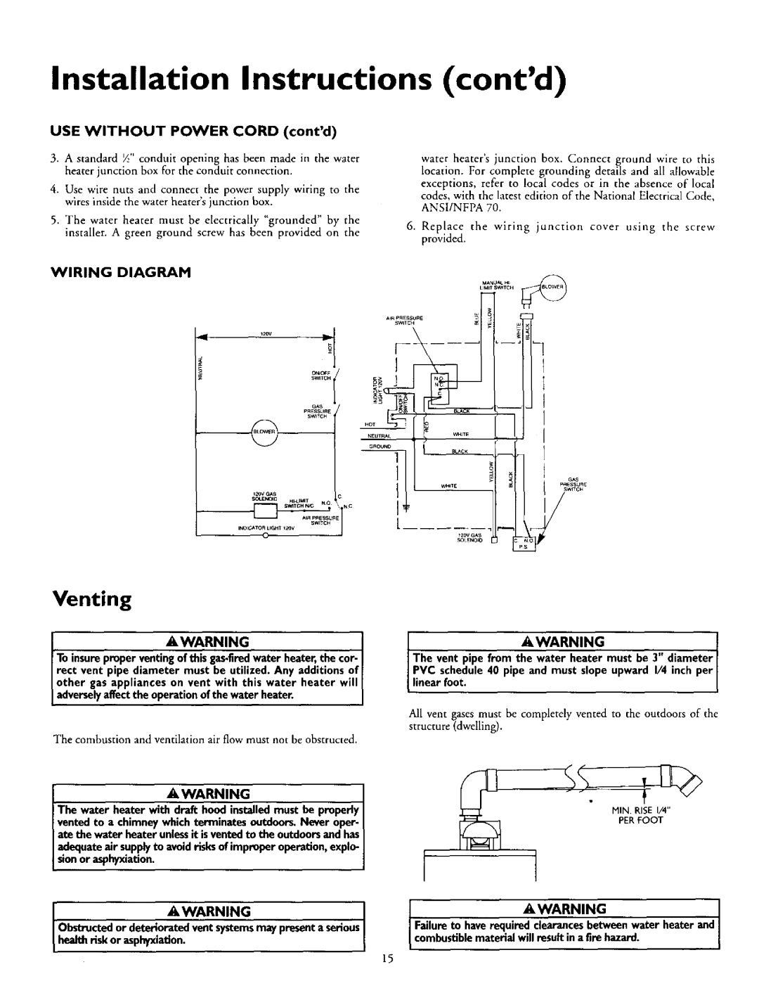 Kenmore 153.335942, 153.335845, 153.335962, 153.335862, 153.335916 Venting, USE Without Power Cord contd, Wiring Diagram 