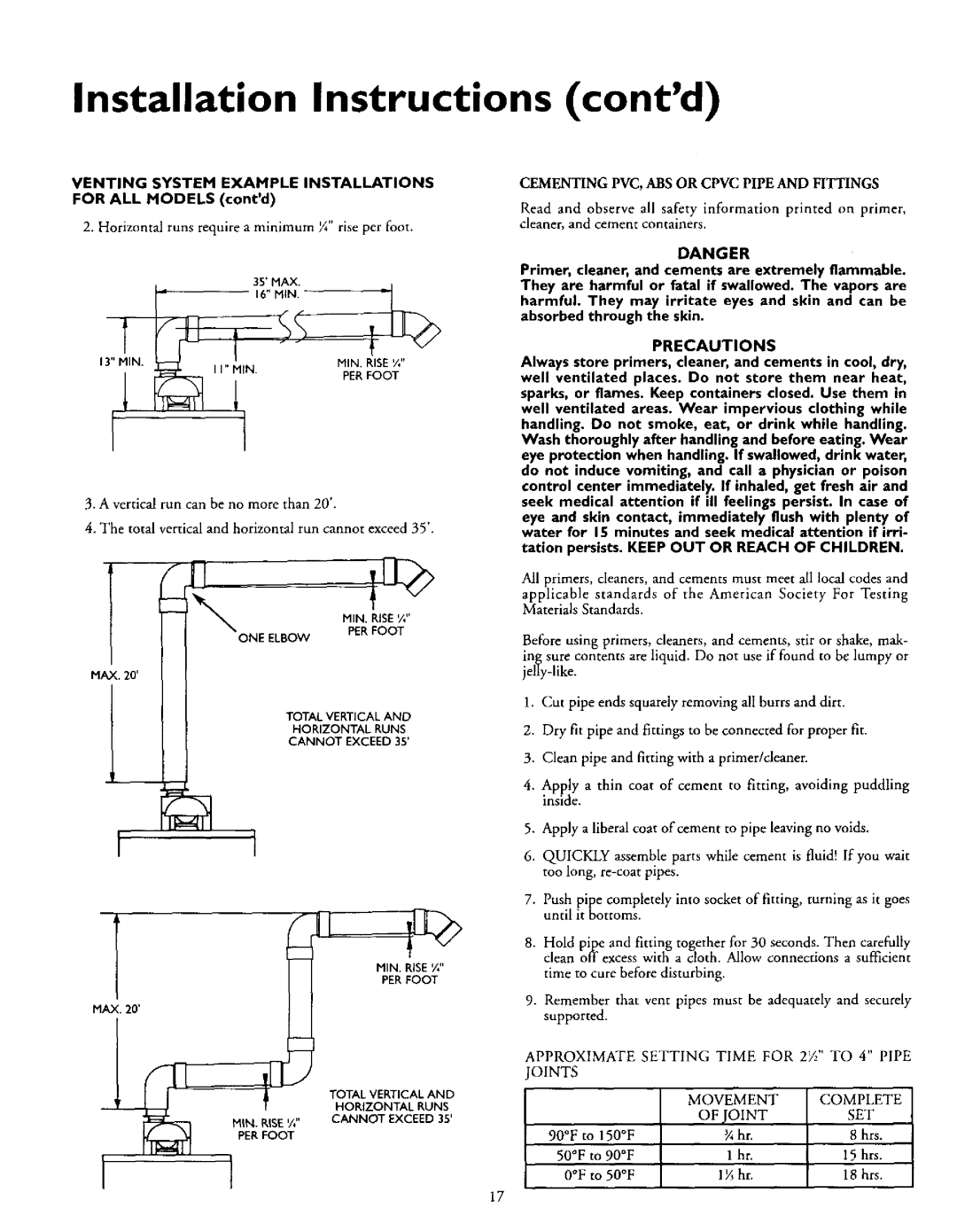 Kenmore 153.335962, 153.335942, 153.335845 Venting System Example Installations for ALL Models contd, Precautions 