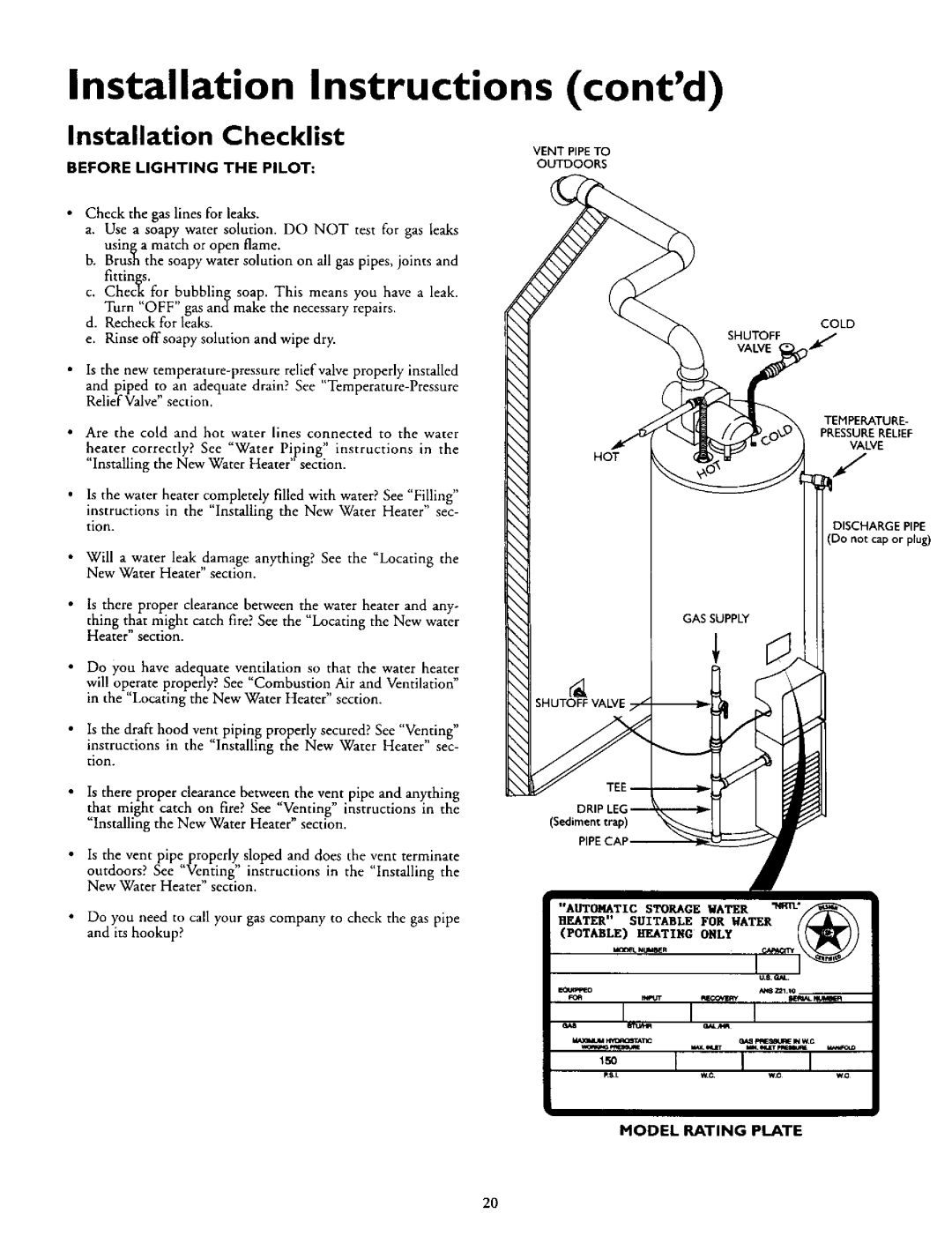 Kenmore 153.335942, 153.335845 Installation Checklist, Before Lighting the Pilot, Temperature, Model Rating Plate 