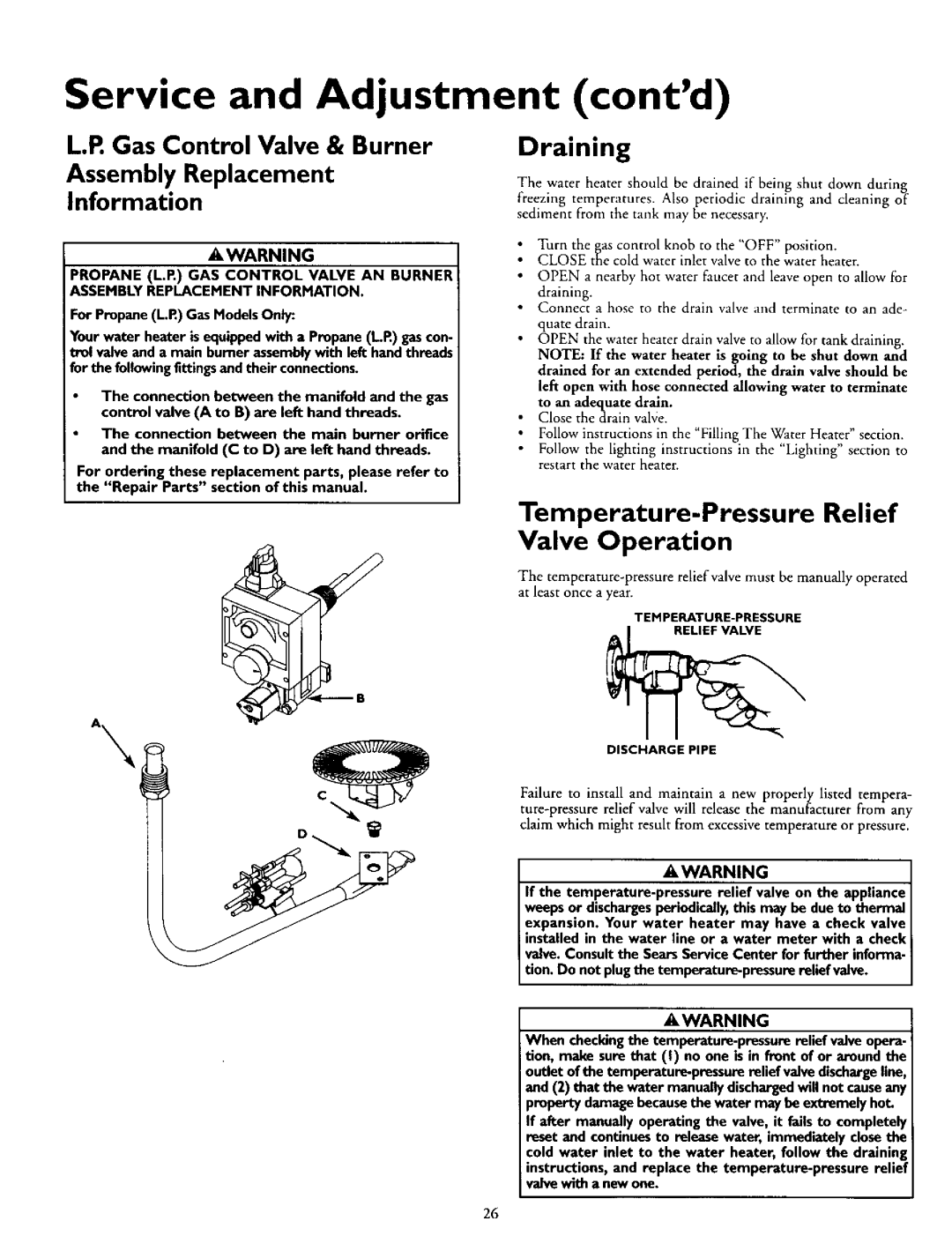 Kenmore 153.335845 Service and Adjustment contd, Gas Control Valve & Burner Assembly Replacement Information, Draining 