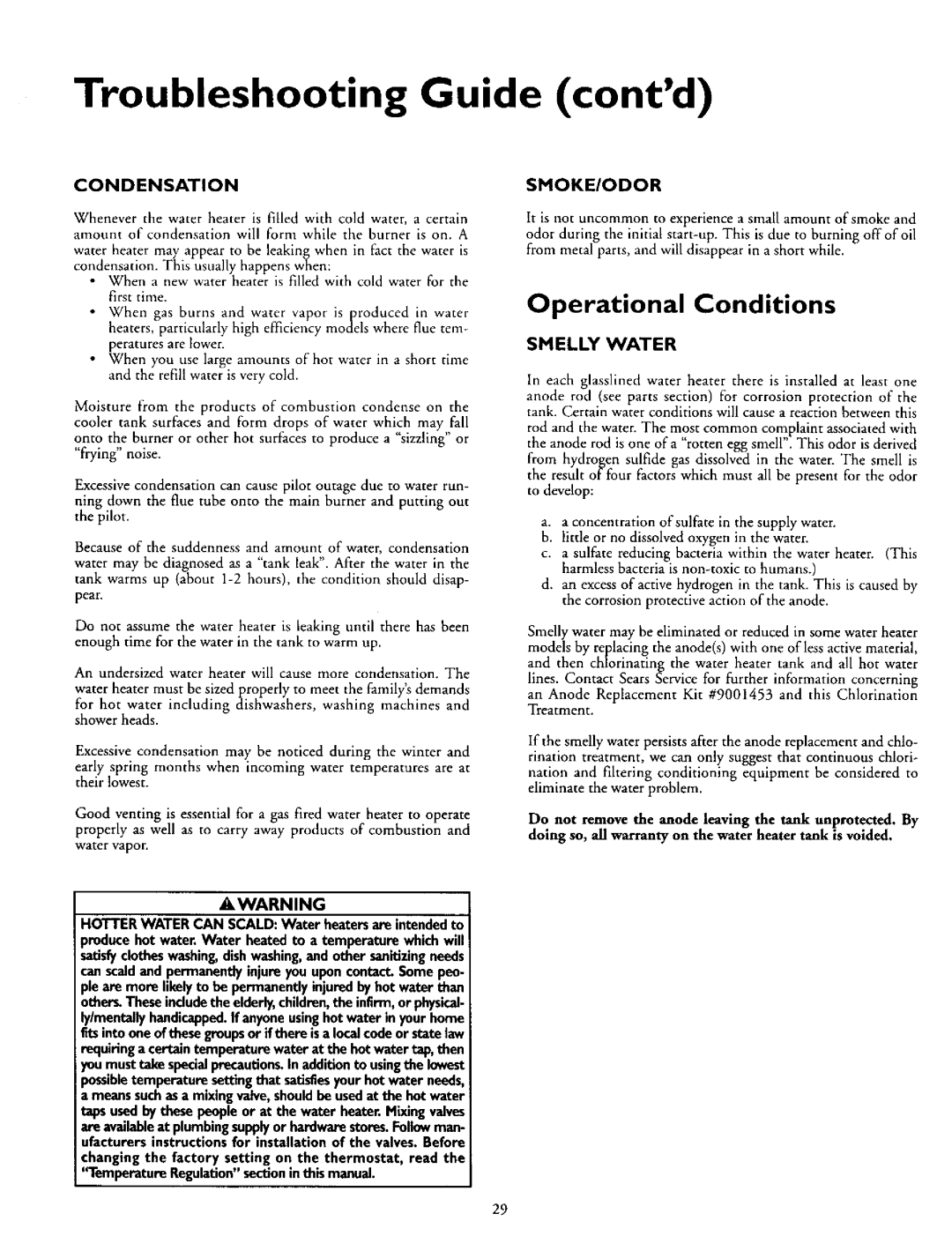 Kenmore 153.335916, 153.335942, 153.335845, 153.335962 Troubleshooting Guide contd, Condensation, Smoke/Odor, Smelly Water 