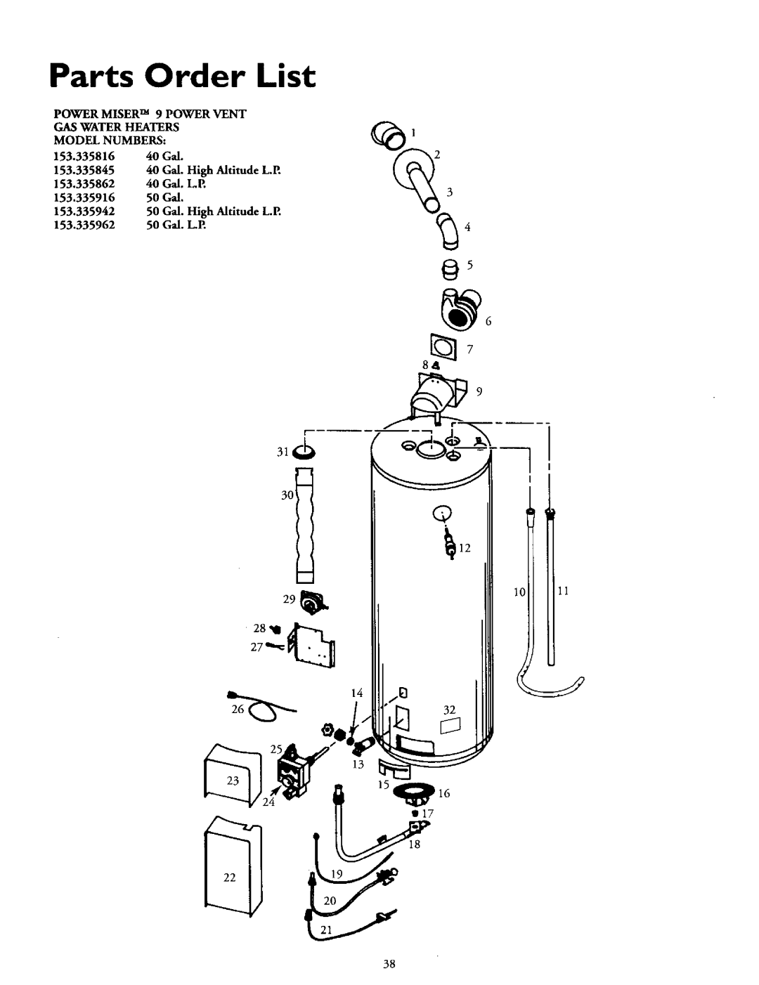 Kenmore 153.335862, 153.335942, 153.335845, 153.335962 Parts Order List, Power Miser TM 9 Power Vent GAS Water Heaters 