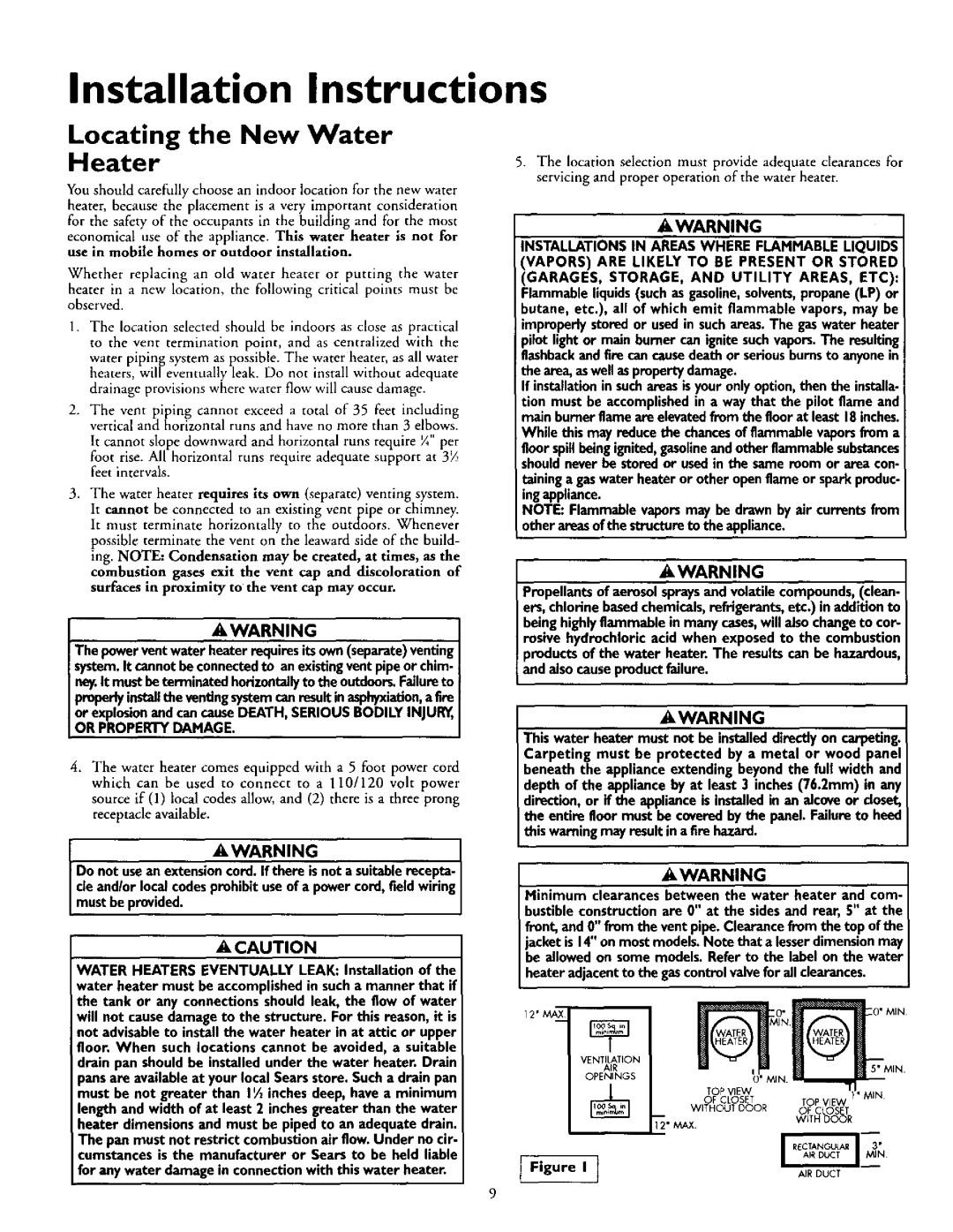 Kenmore 153.335916, 153.335942, 153.335845 Installation Instructions, Locating the New Water Heater, Or Property Damage 