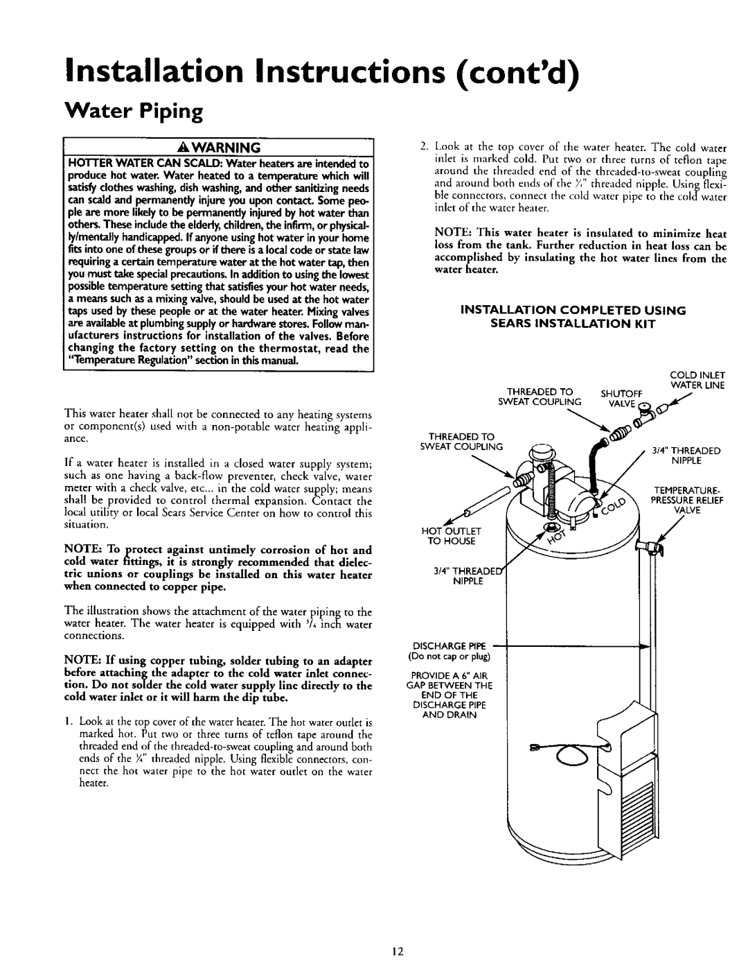 Kenmore 153.335962 Water Piping, Installation Instructions contd, Installation Completed Using, Sears Installation Kit 