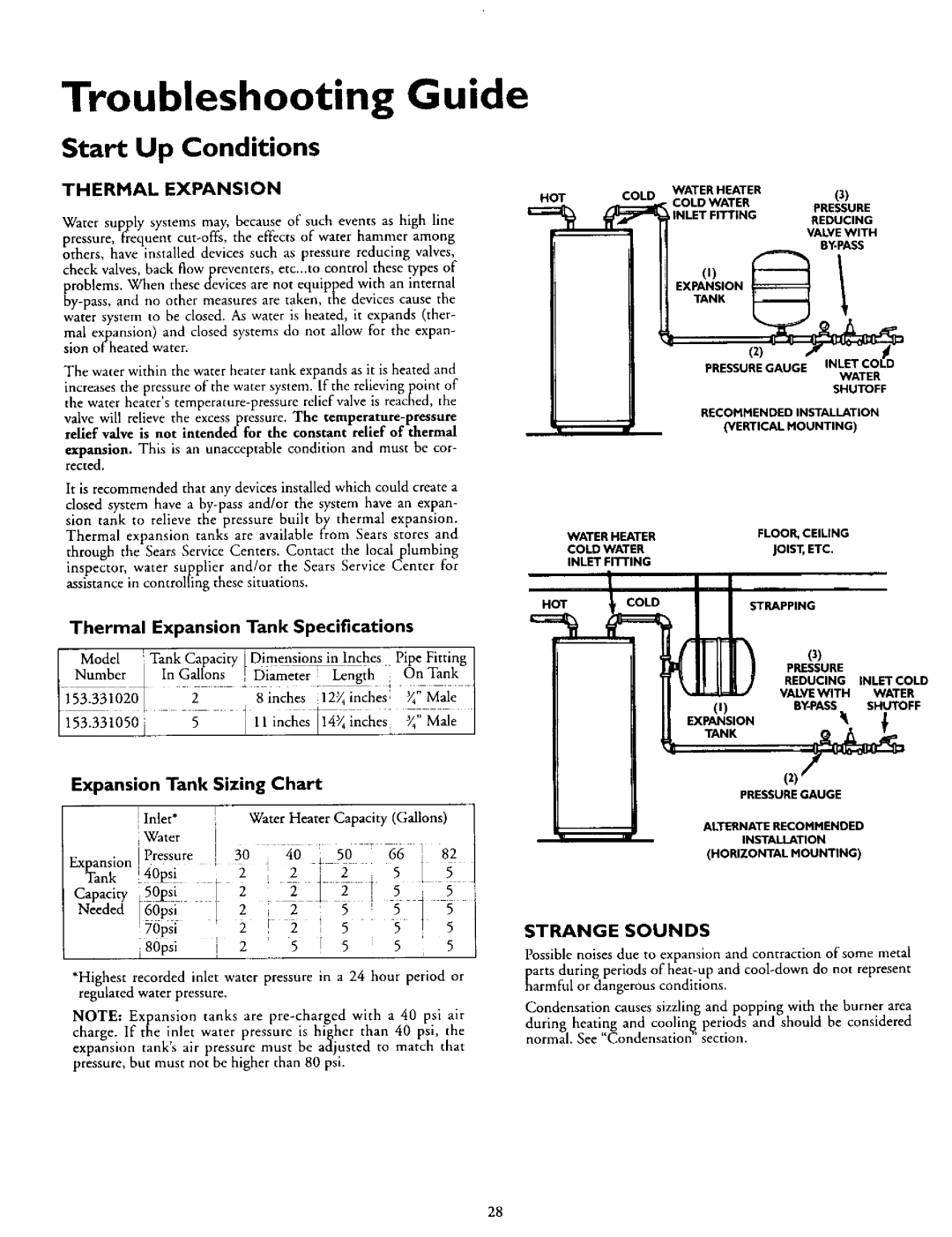 Kenmore 153.335862 Troubleshooting Guide, 1153.33i0505 i Hiochesil inches Ma,e, 0psi, Start Up Conditions, Expansion Tank 