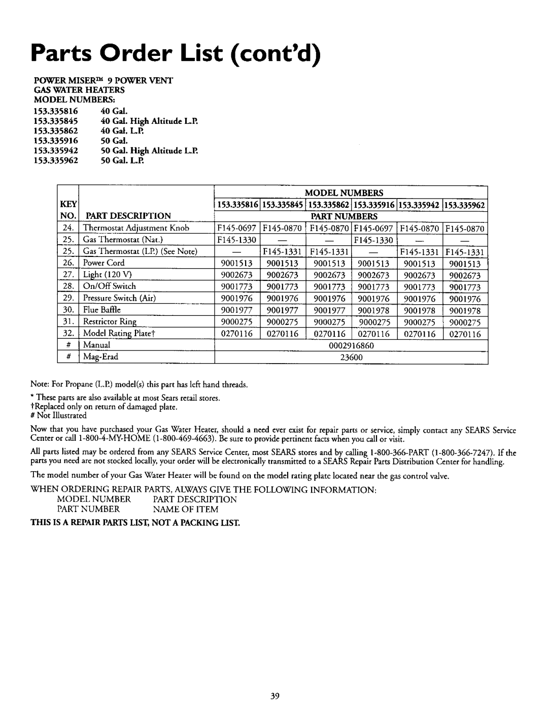 Kenmore 153.335916, 153.335942 Parts Order List contd, POWER MISER TM 9 POWER VENT GAS WATER HEATERS, Model Numbers 