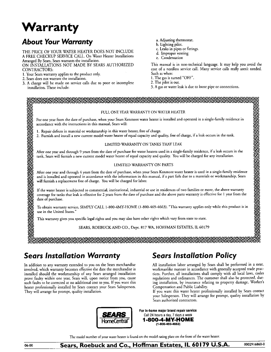 Kenmore 153.335942 o6-oo, oooz9,686o, About Your Warranty, Sears Installation Warranty, Sears Installation Policy 