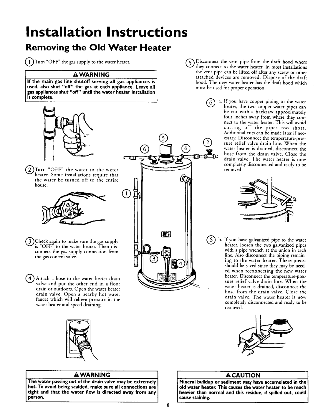 Kenmore 153.335862, 153.335942, 153.335845, 153.335962 Installation Instructions, Removing the Old Water Heater, Acaution 