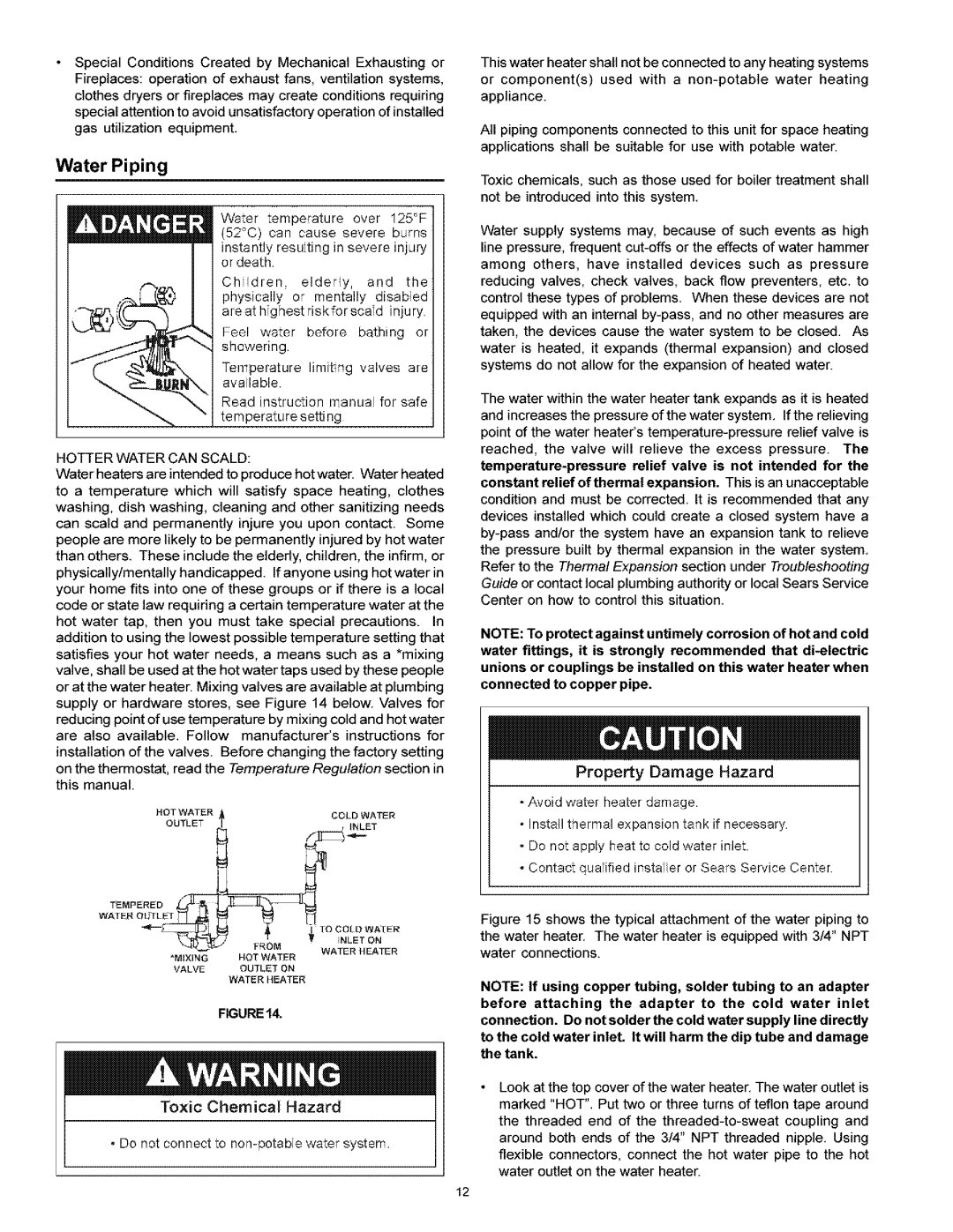 Kenmore 153.33616 owner manual Water Piping, Hotter Water can Scald 