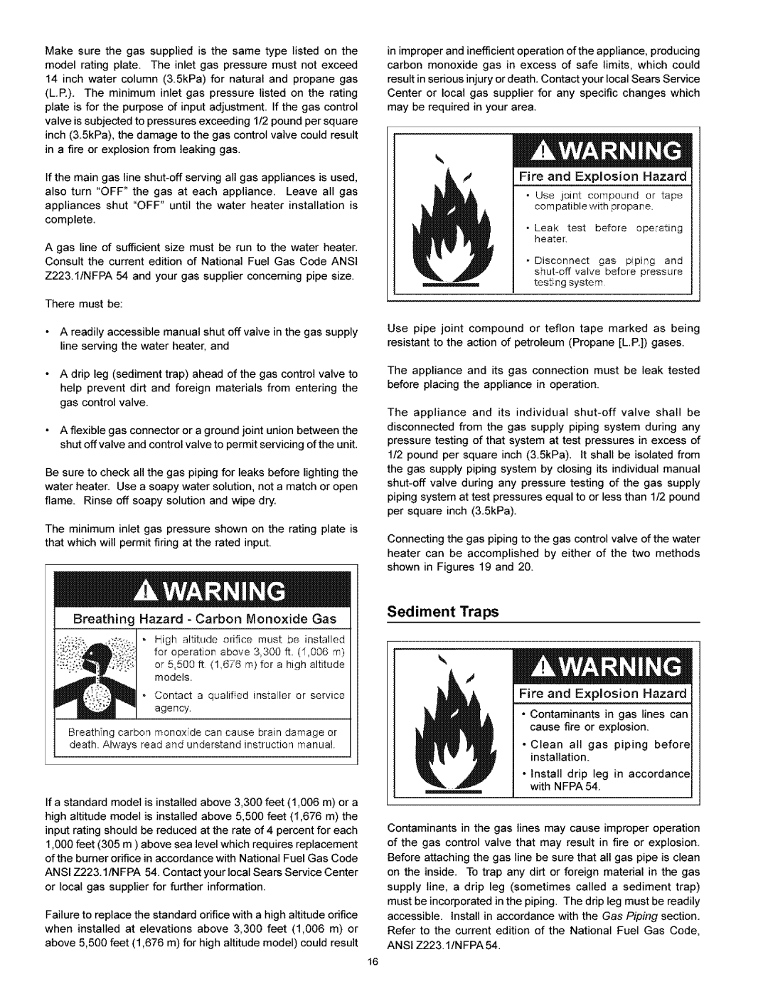 Kenmore 153.33616 owner manual Agaslineofsufficientsizemustberuntothewaterheater, Sediment Traps 