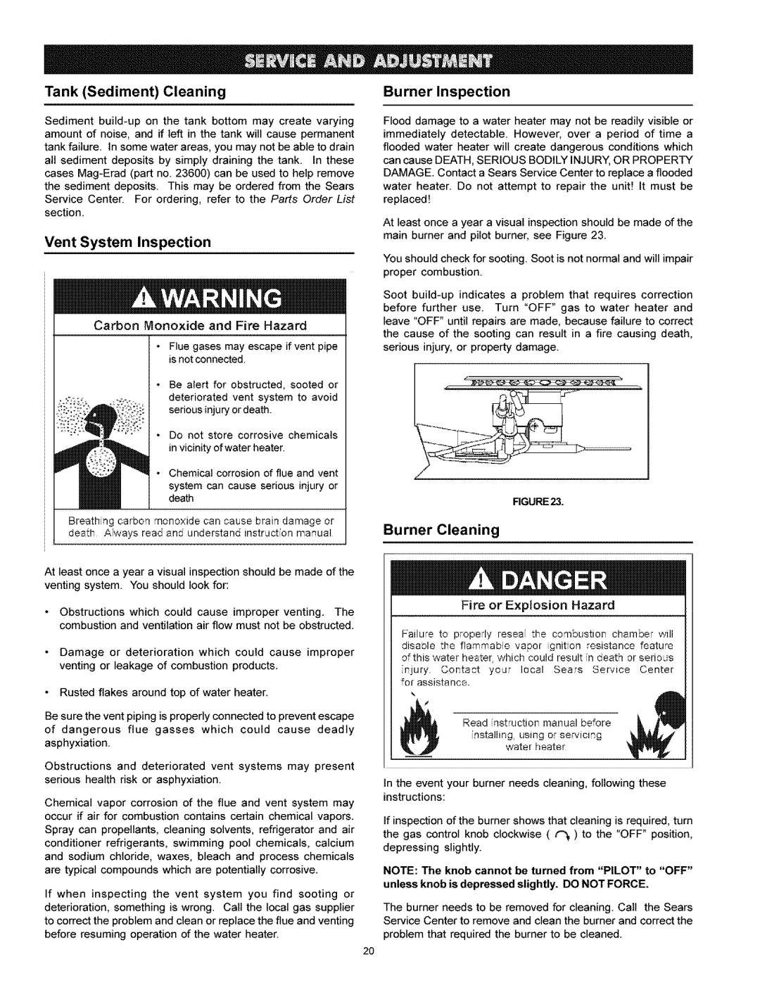 Kenmore 153.33616 owner manual Tank Sediment Cleaning Burner Inspection, Burner Cleaning 