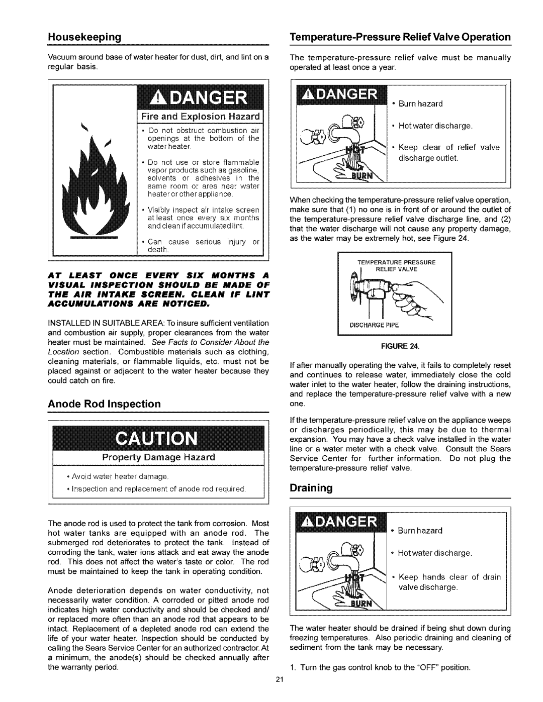 Kenmore 153.33616 owner manual Housekeeping, Anode Rod Inspection, Temperature-Pressure Relief Valve Operation, Draining 