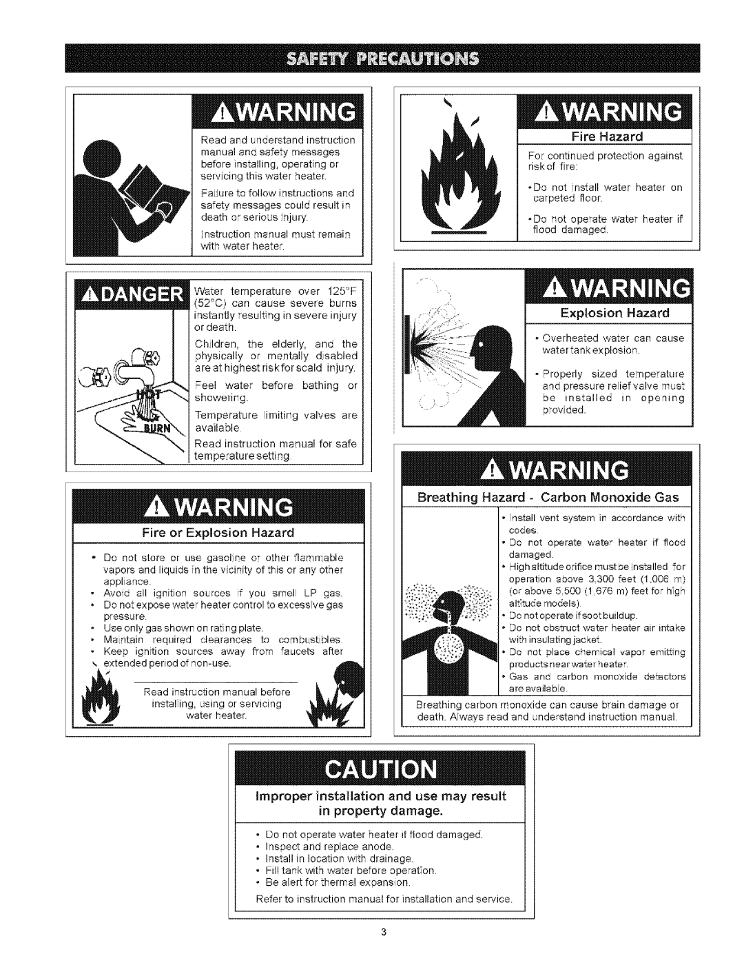 Kenmore 153.33616 owner manual Fire Hazard, Feel water before bathing or showering, Fire or Explosion Hazard 