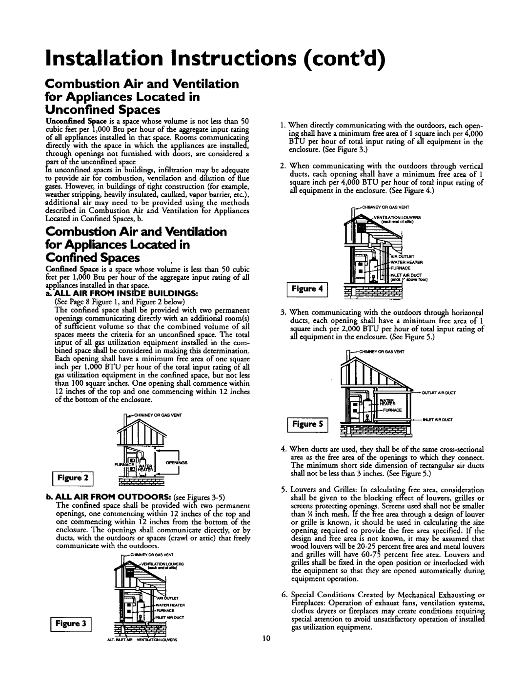 Kenmore 153.336451 Installation Instructions contd, ALL AIR from Outdoors see Figures3-5, At.ALL AIR from Inside Buildings 