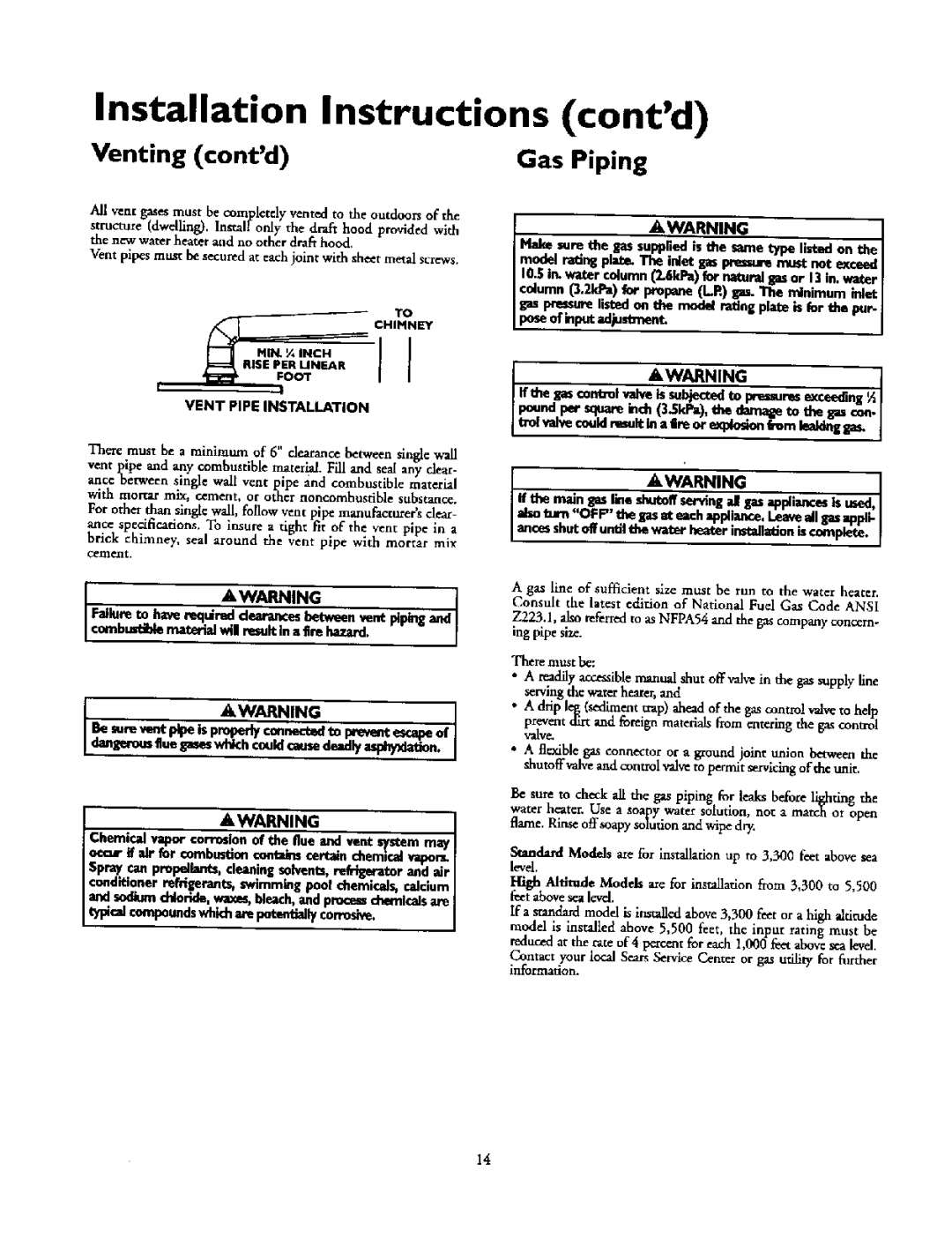 Kenmore 153.336312, 153.336251, 153.336351, 153.336151 Installation Instructions contd, Venting contd Gas Piping, Wrning 