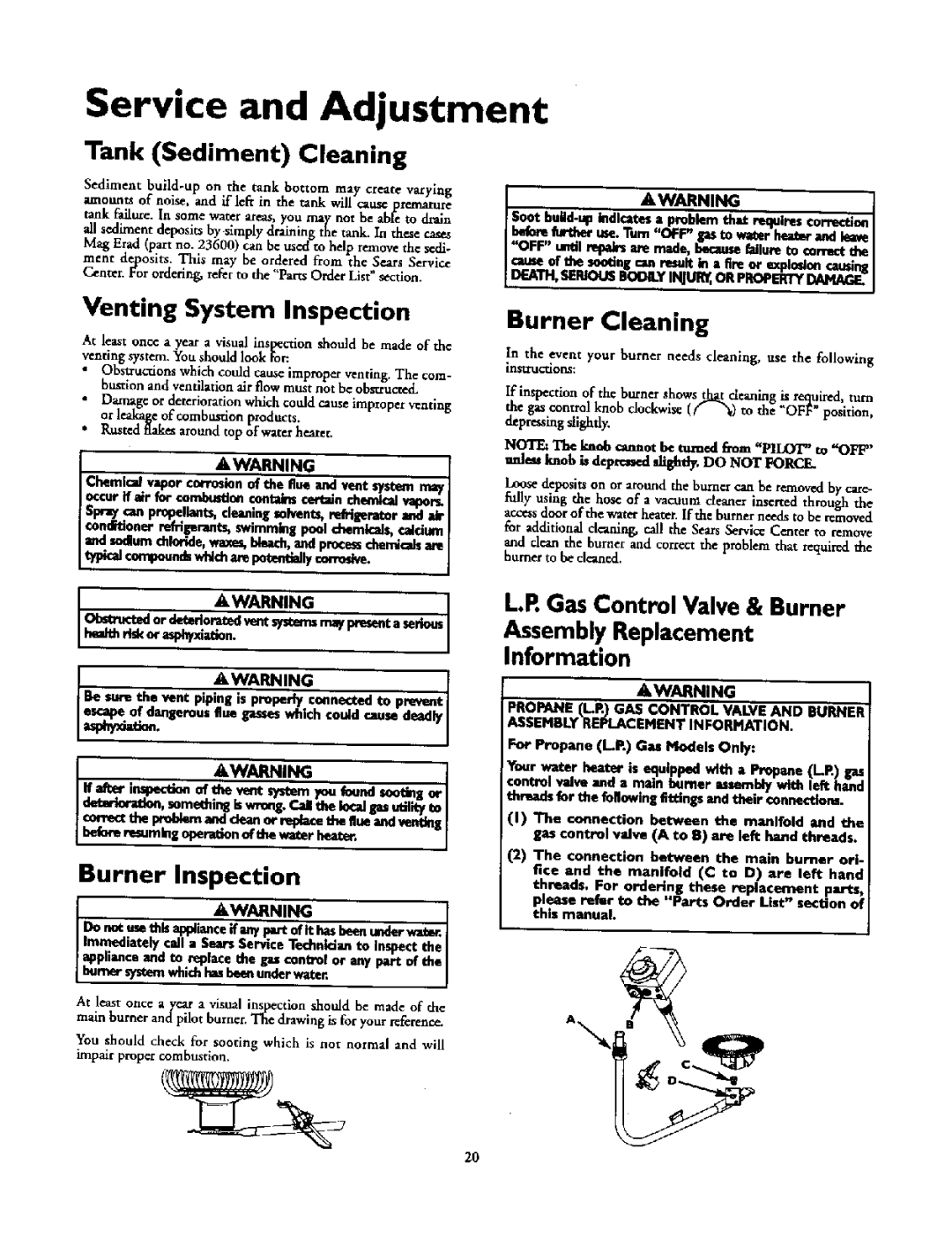 Kenmore 153.336551 Service and Adjustment, Tank Sediment Cleaning, Venting System Inspection, Burner Inspection 