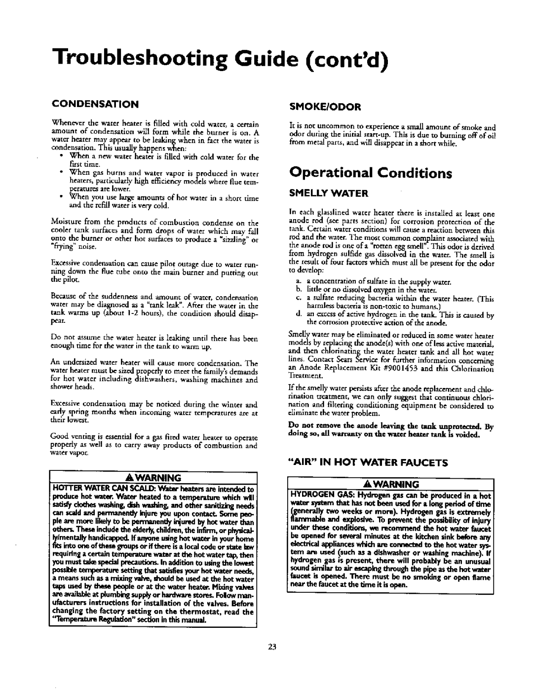 Kenmore 153.336451 Troubleshooting Guide contd, Condensation, Smoke/Odor, Shelly Water, AIR in HOT Water Faucets 